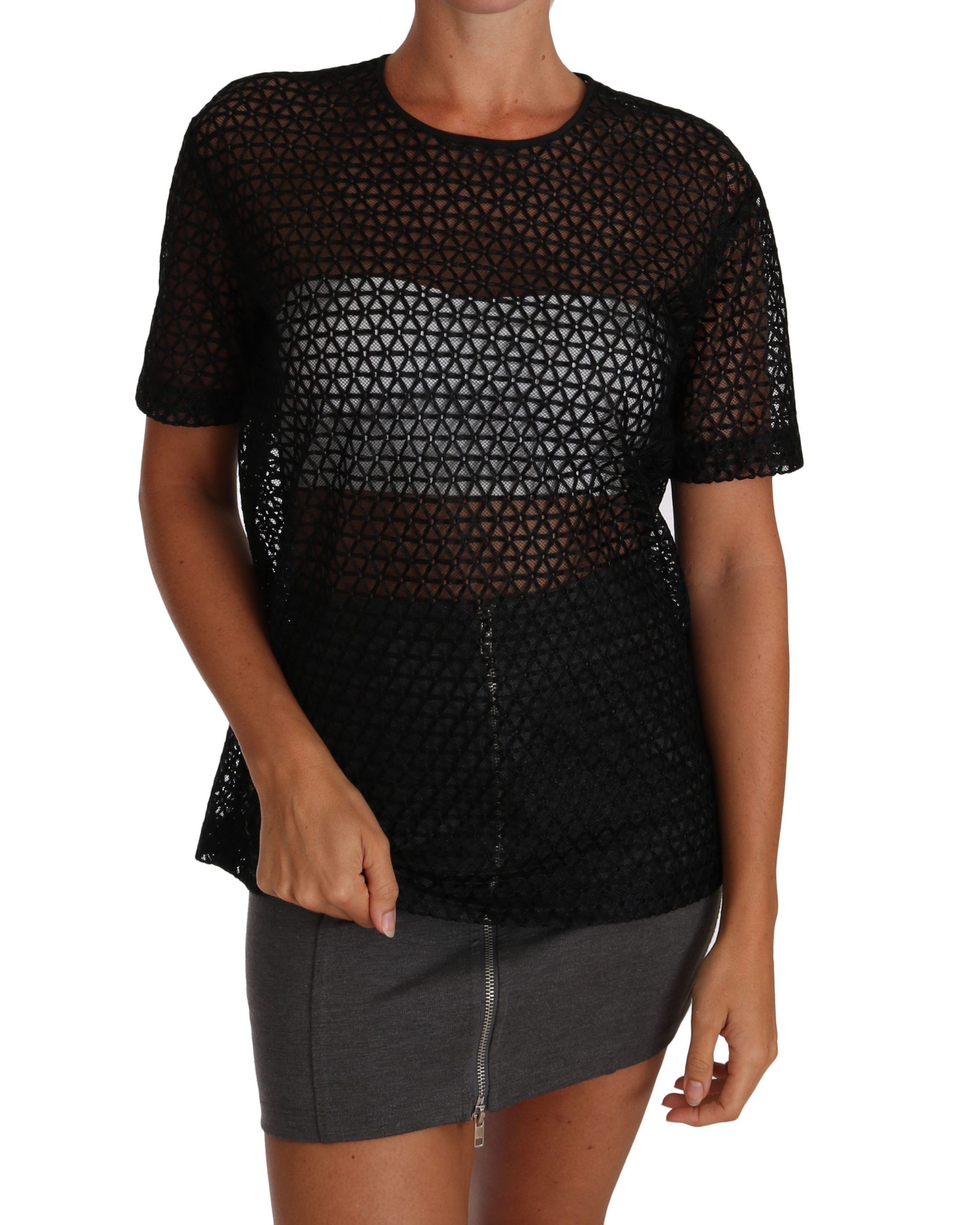 Black Floral Knit Cotton T-shirt - IT40|S