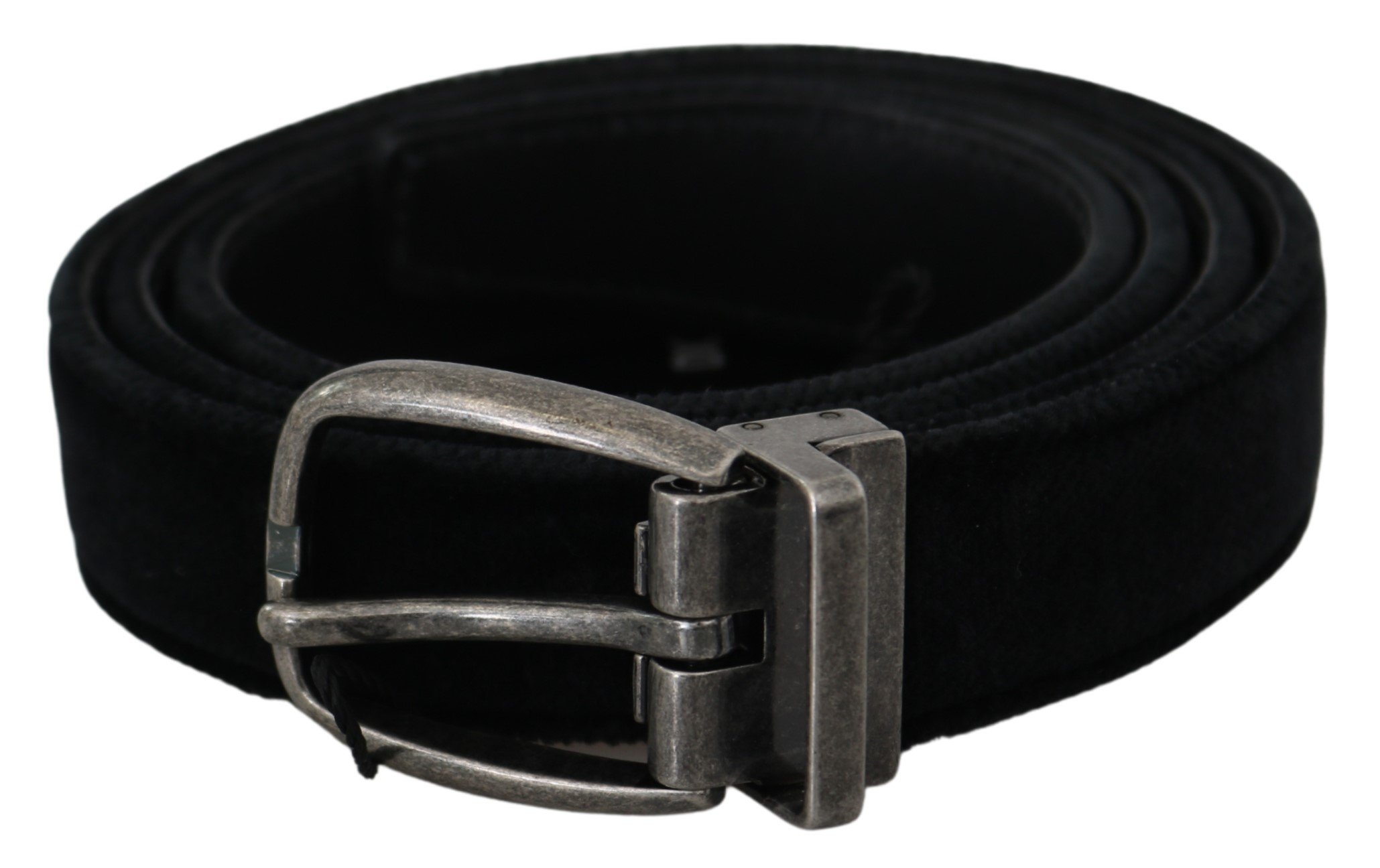 Black Velvet Leather Silver Oval Buckle Belt - 115 cm / 46 Inches