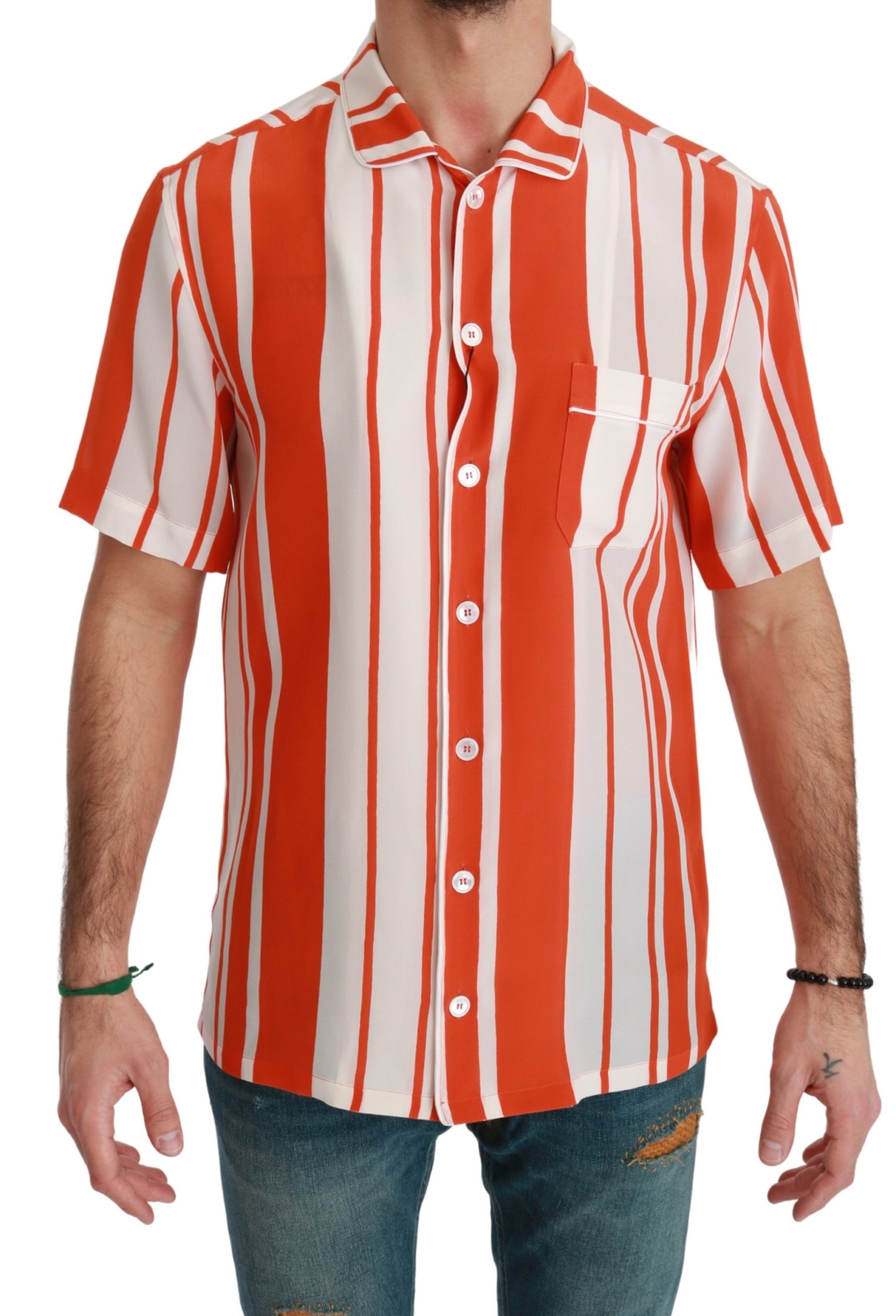 Dolce & Gabbana Men's Silk Striped Short Sleeve Shirt Orange TSH4655 - IT38 | XS