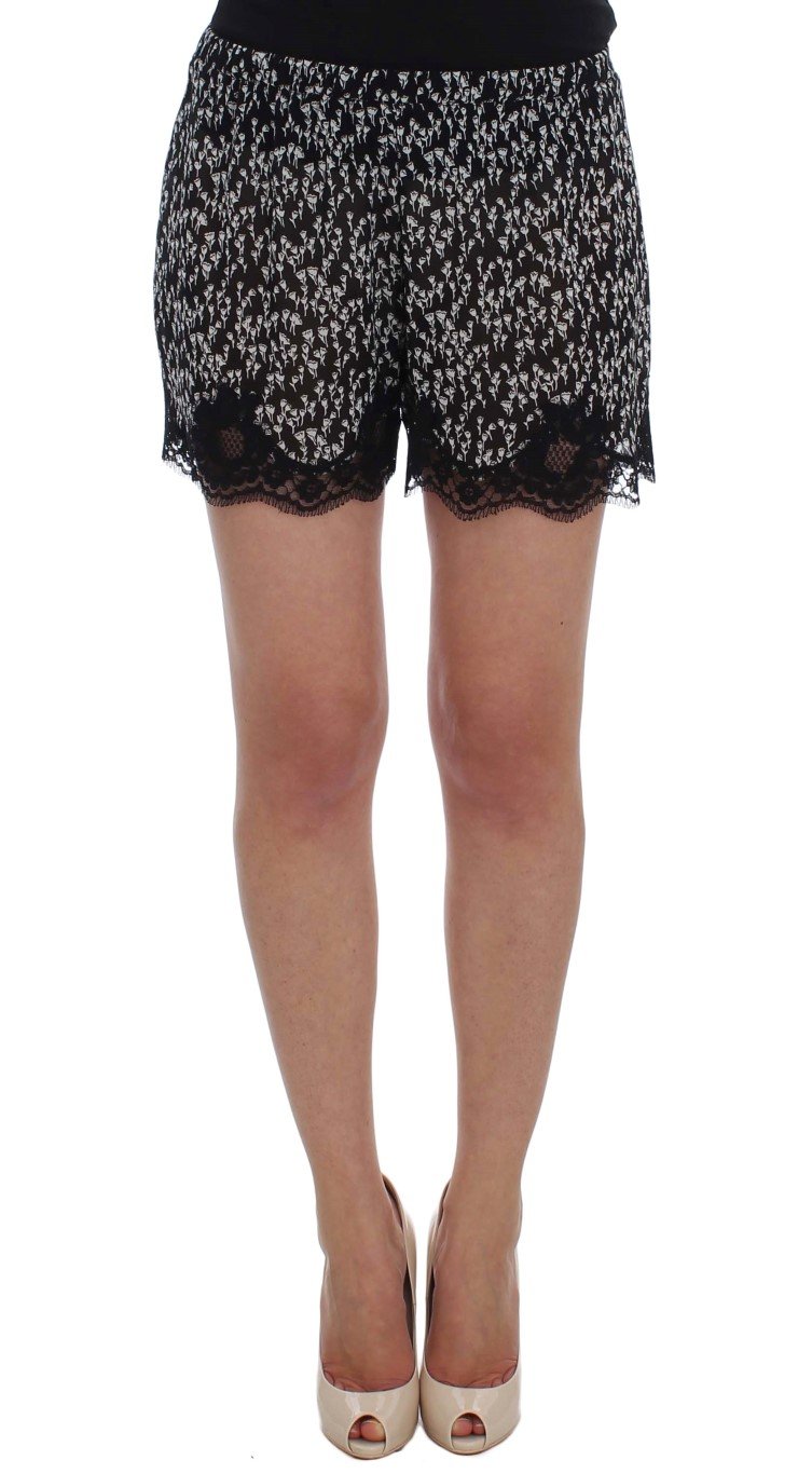 Black White Floral Lace Silk Sleepwear Shorts - IT4 | L