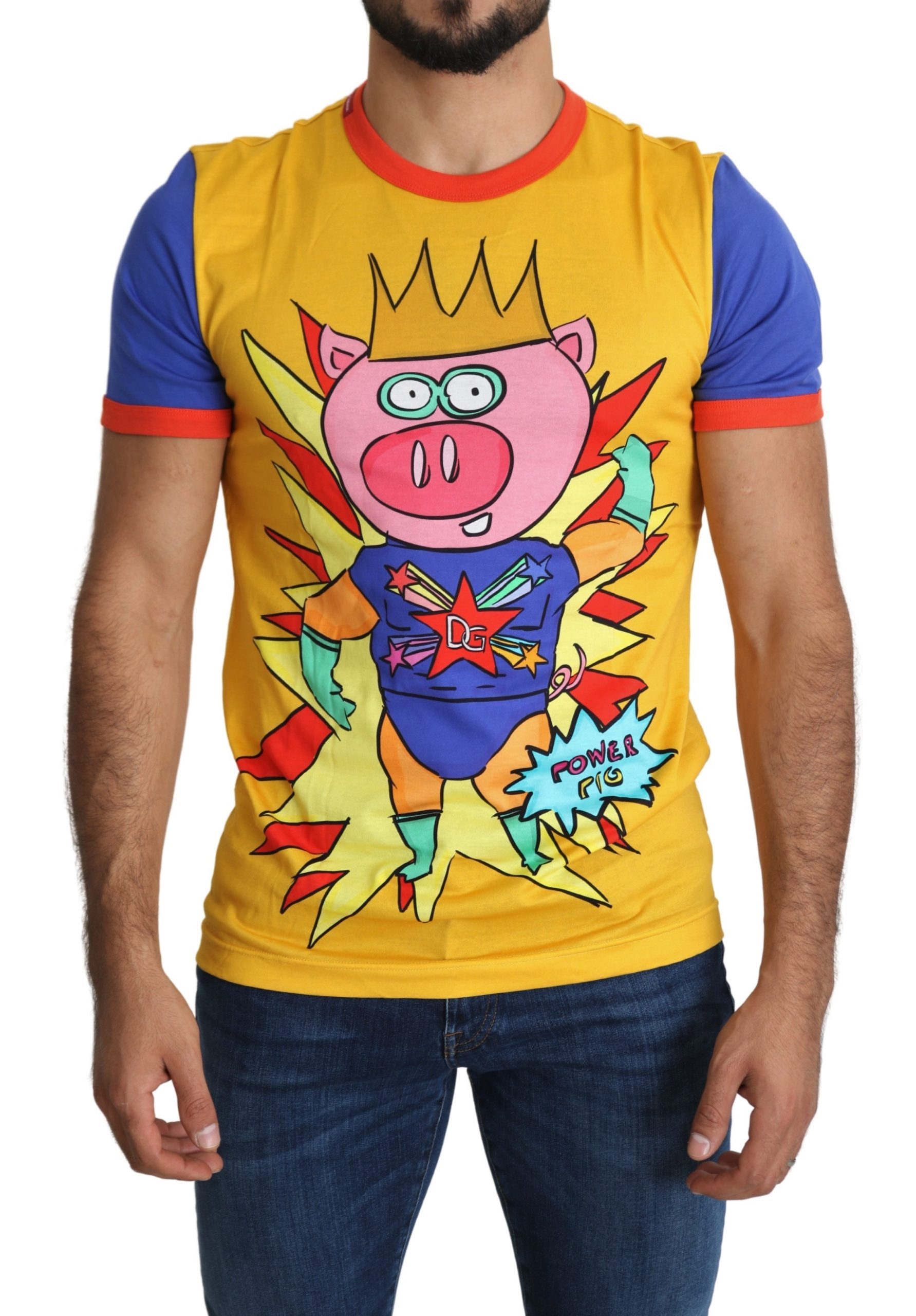Yellow Cotton Top Super Power Pig Mens T-shirt - IT46 | S