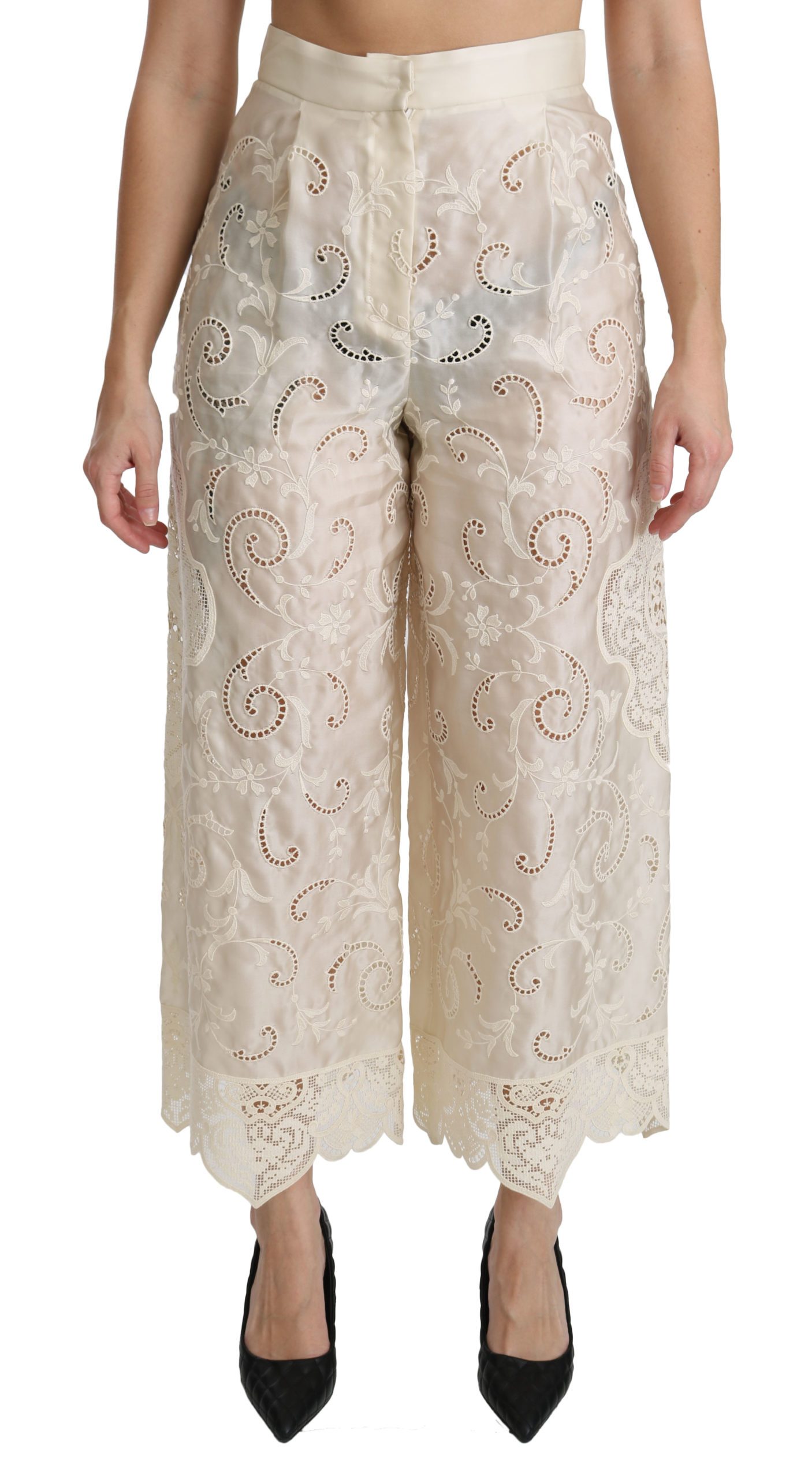 Dolce & Gabbana Women's Lace High Waist Palazzo Cropped Trouser Cream PAN70873 - IT44|L