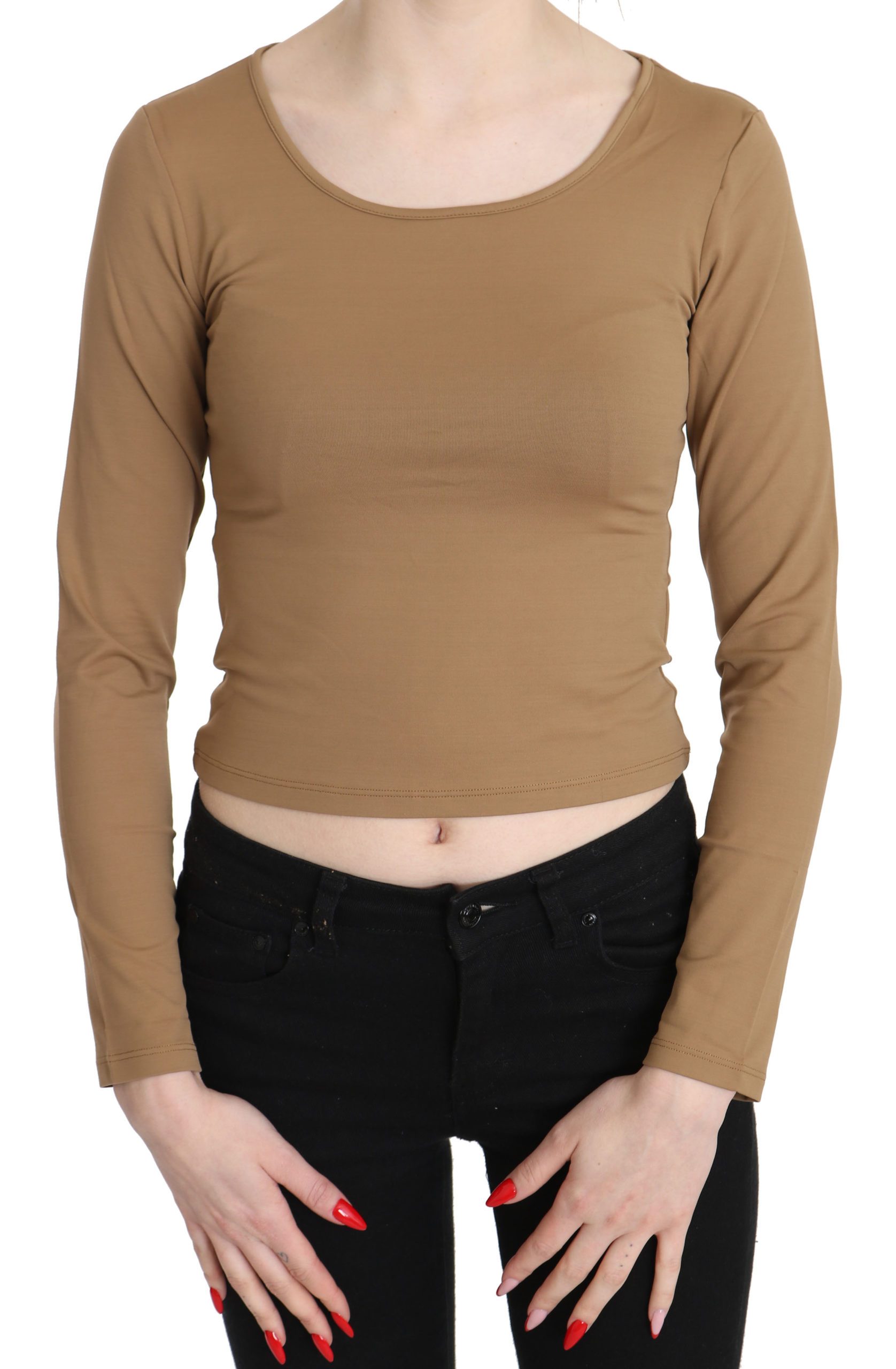 GF Ferre Women's Round Neck LS Slim Crop Top Brown TSH3428 - IT40|S