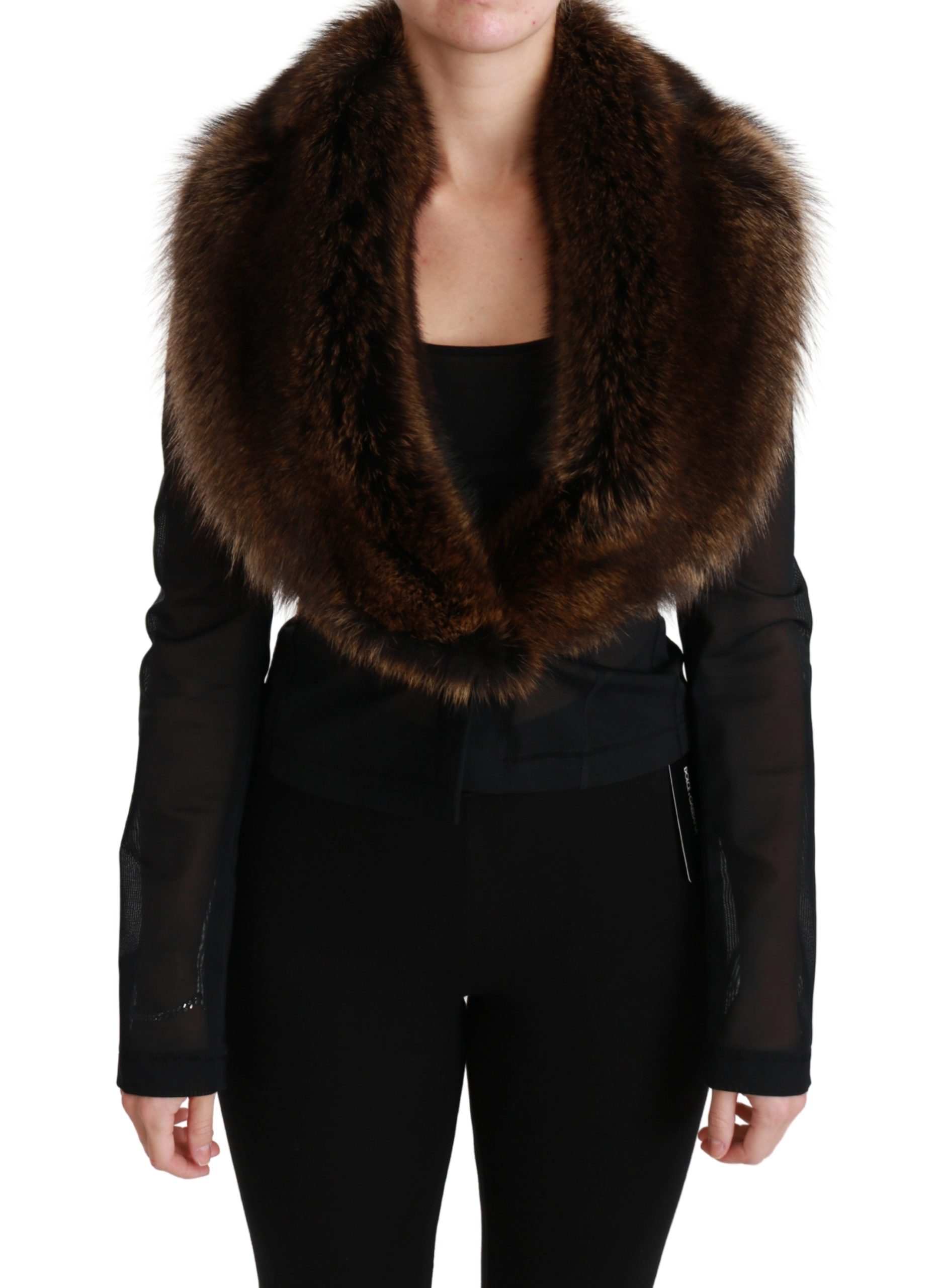 Dolce & Gabbana Women's Fur Cropped Nylon Blazer Black JKT2576 - IT40|S