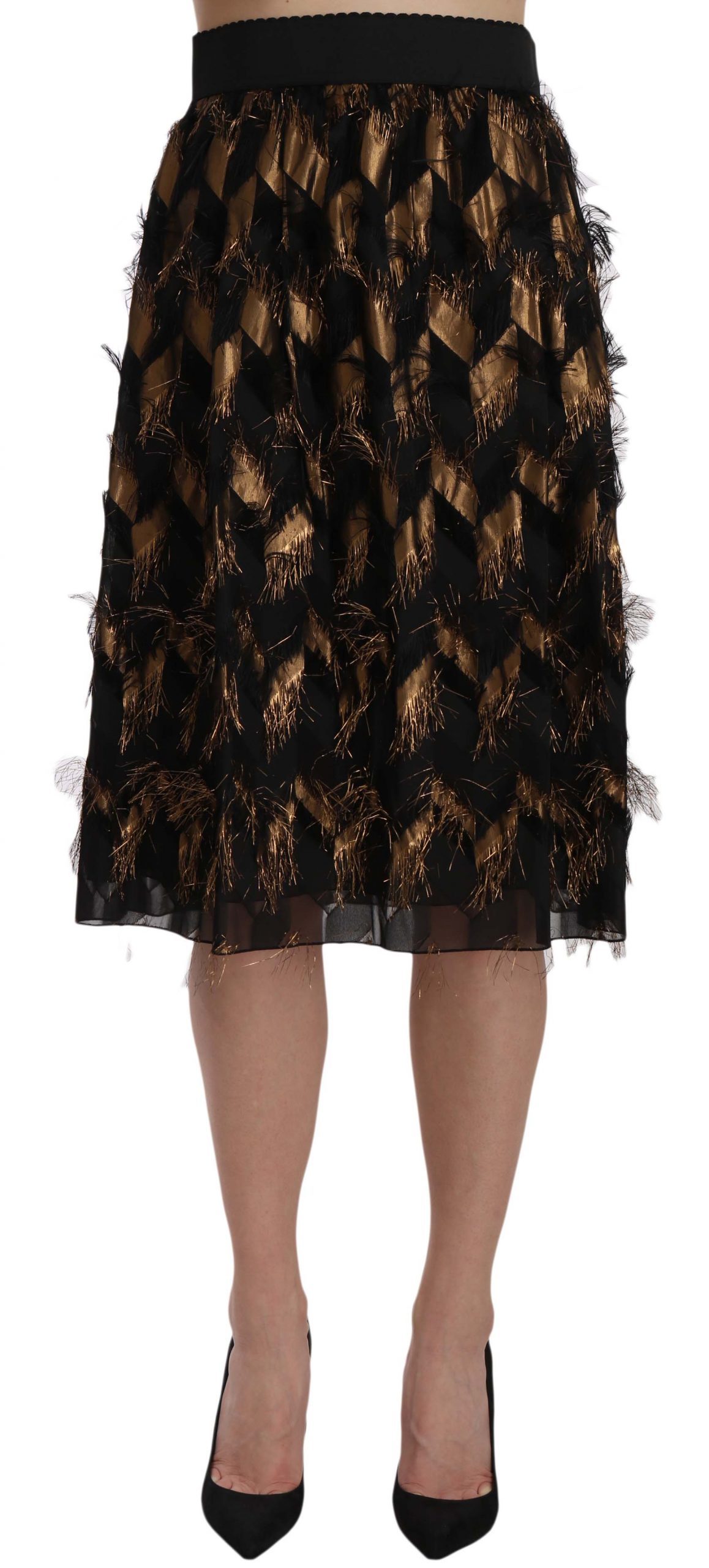 Dolce & Gabbana Women's Fringe Metallic Pencil A-line Skirt Gold Black SKI1177 - IT38|XS