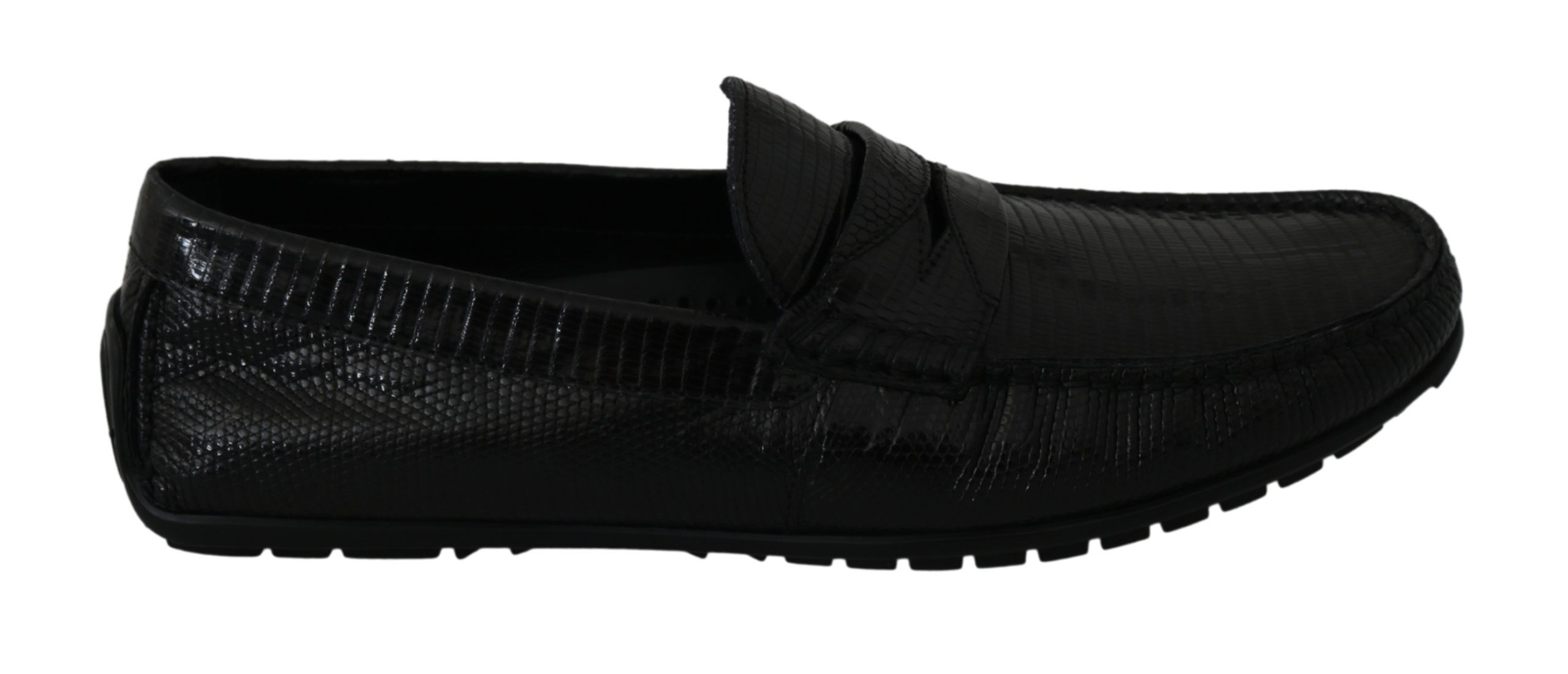 Black Lizard Leather Flat Loafers Shoes - EU39/US6