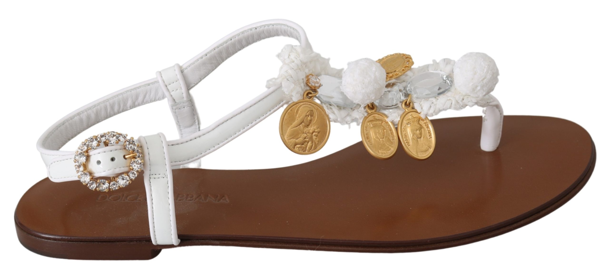 White Leather Coins Flip Flops Sandals Shoes - EU35/US4.5