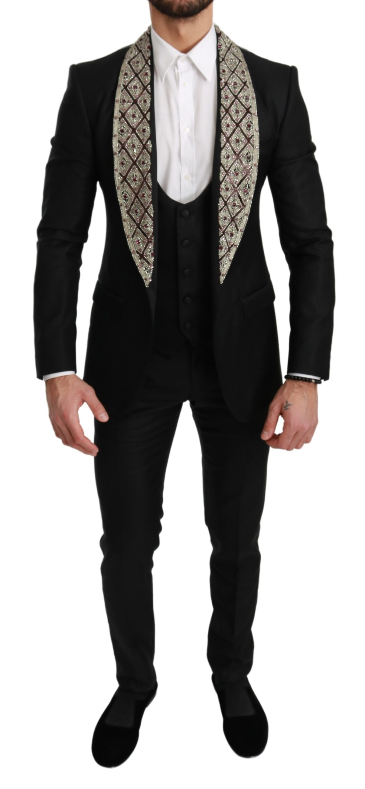 Dolce & Gabbana Men's Crystal Wool 3 Piece SICILIA Suit Black KOS1719 - IT44 | XS