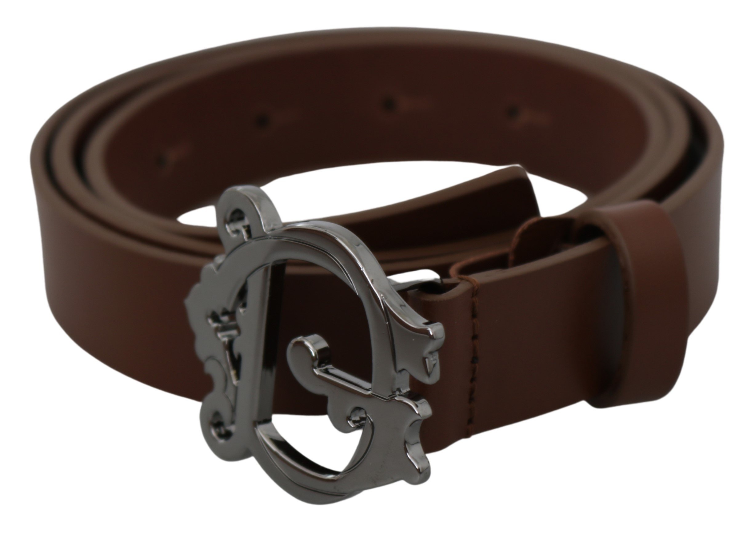Brown Leather Gray Baroque DG Buckle Belt - 90 cm / 36 Inches
