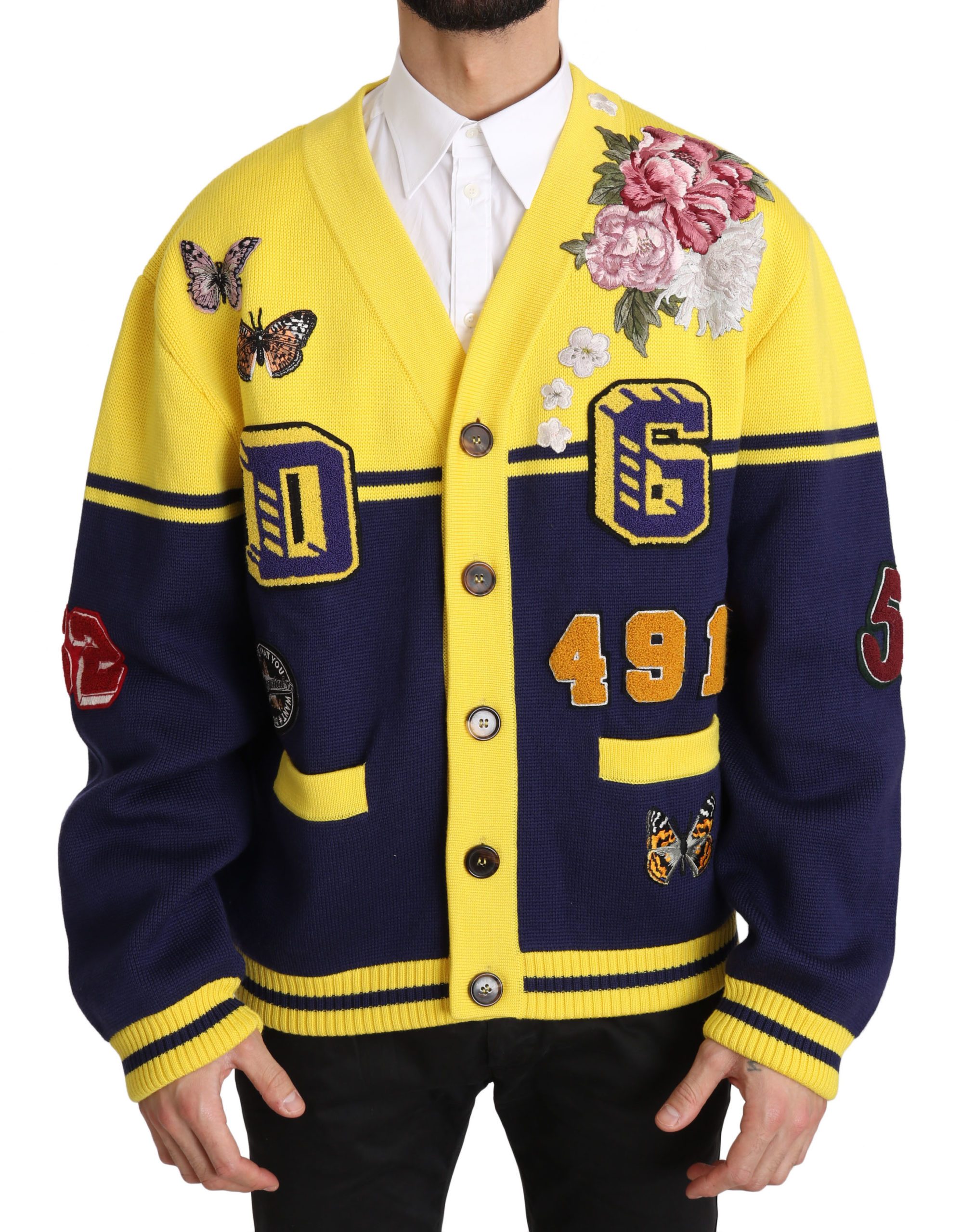 Dolce & Gabbana Men's Varsity Button Wool Sweater Yellow JKT2358 - IT50 | L