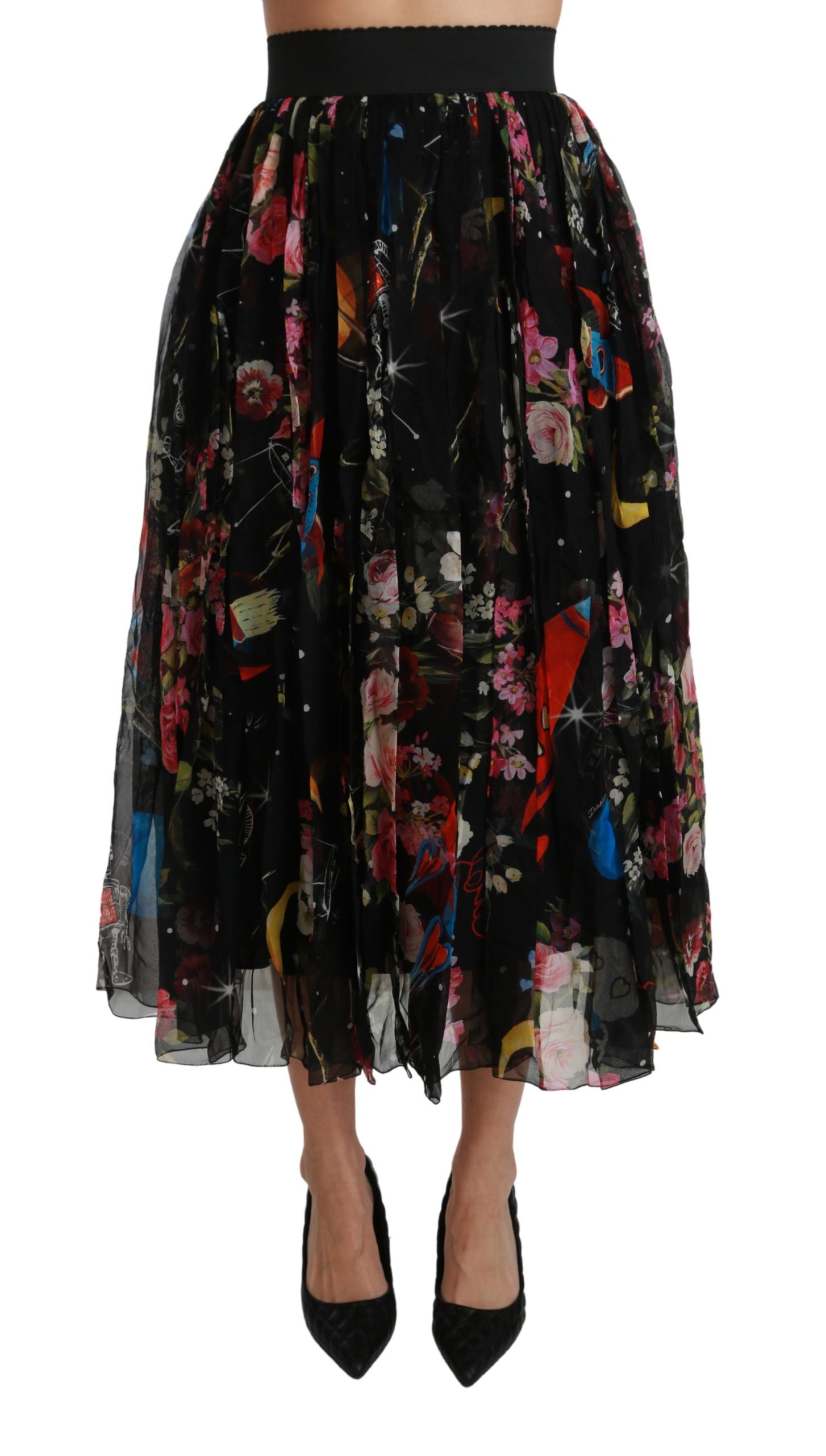 Dolce & Gabbana Women's Floral High Waist Pleated Skirt Black SKI1405 - IT44|L
