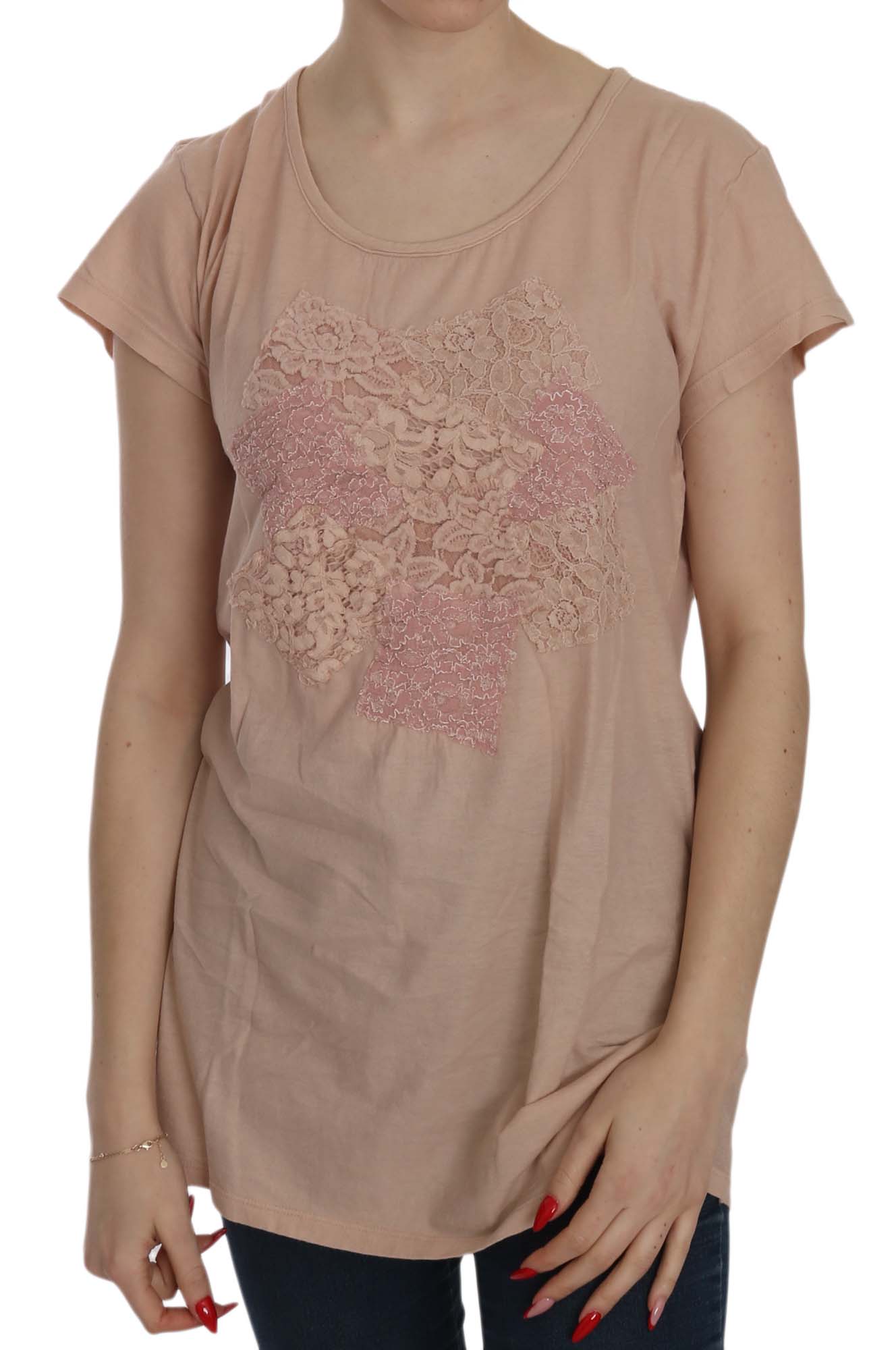 PINK MEMORIES Women's Cream Lace SS Cotton Top Pink TSH3906 - IT42|M