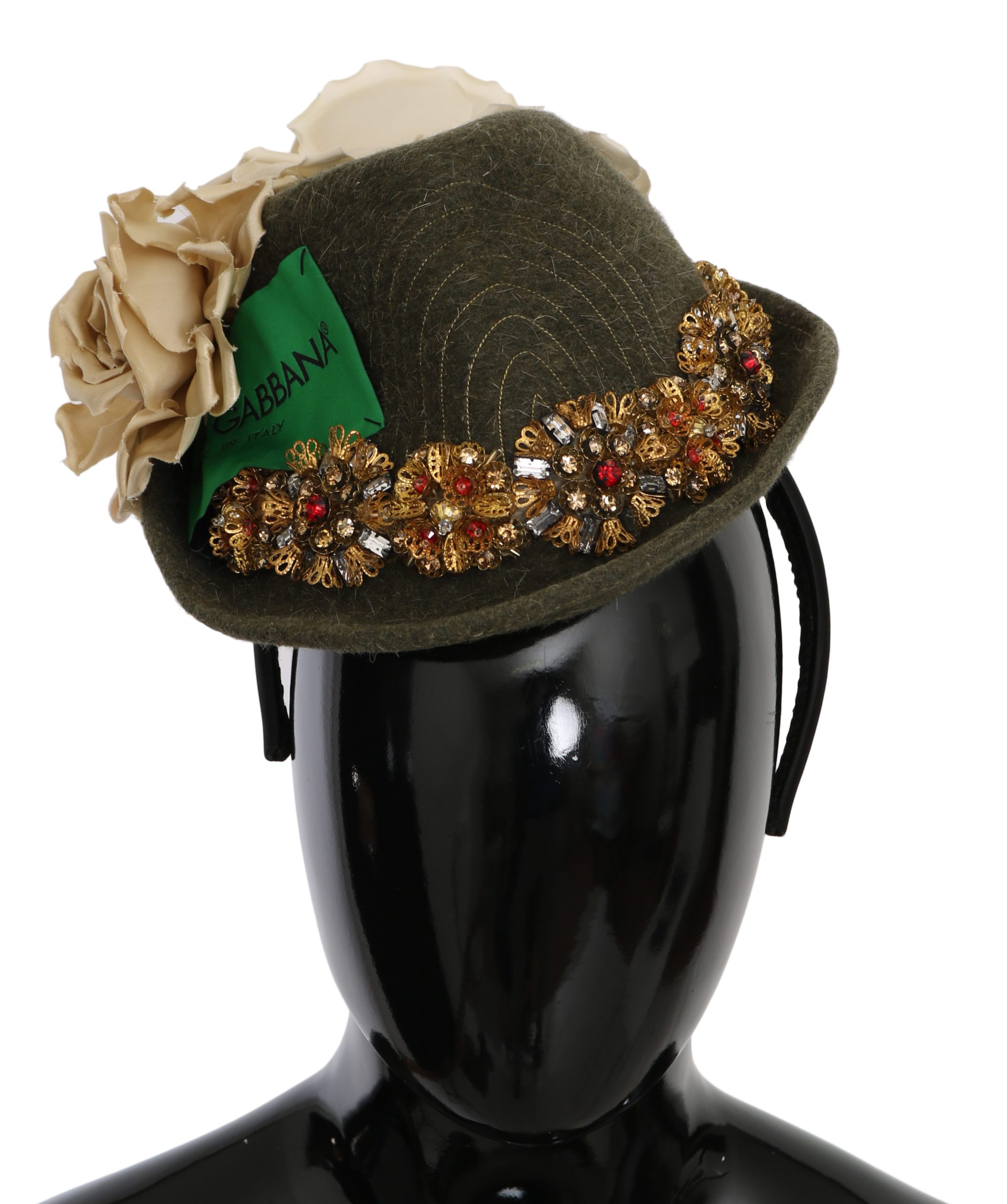 Dolce & Gabbana Women's Floral Crystal Studs Tiara Hat Green HAT9062