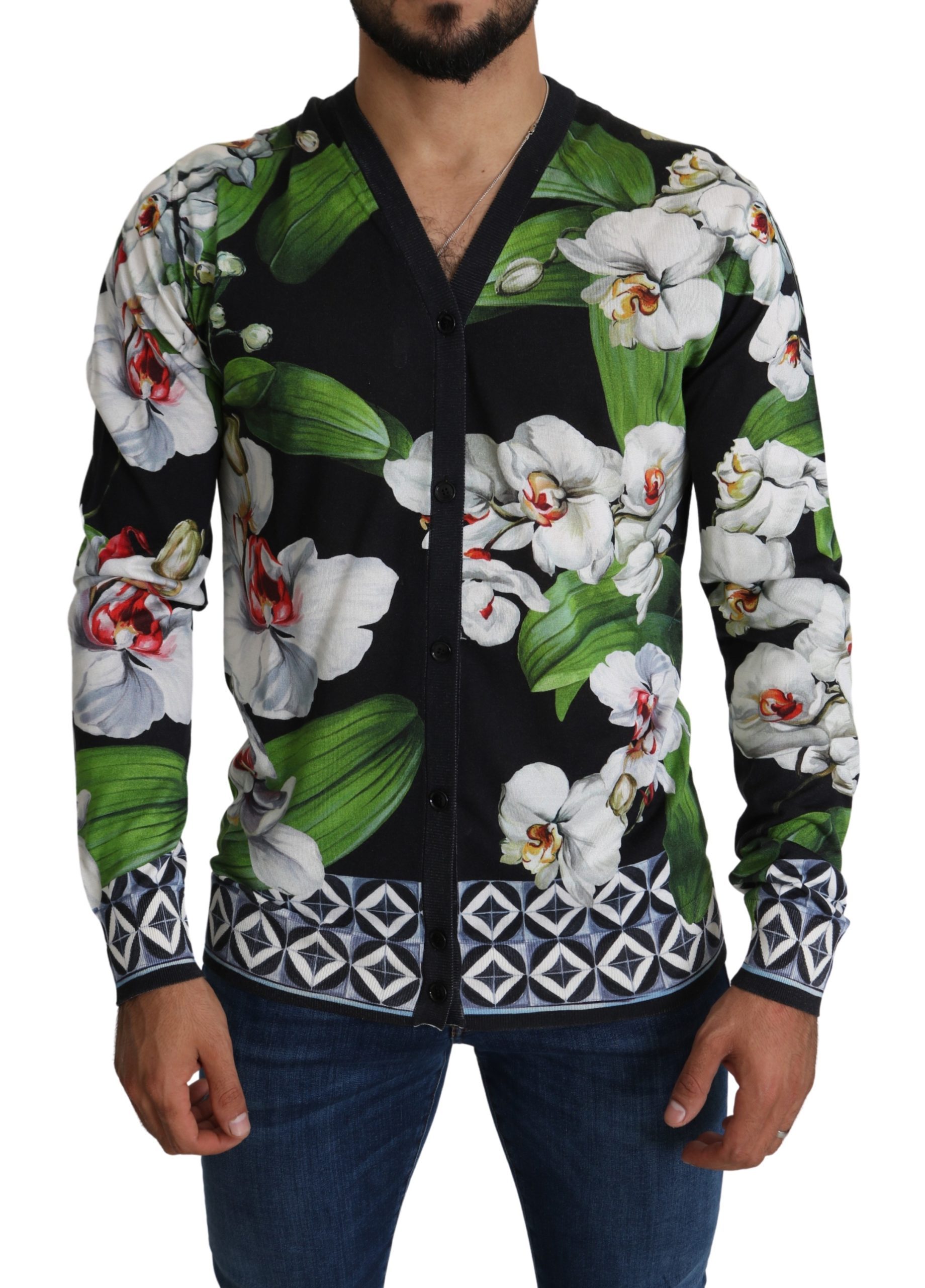 Black Floral V-neck Cardigan Silk Sweater - IT54 | XL
