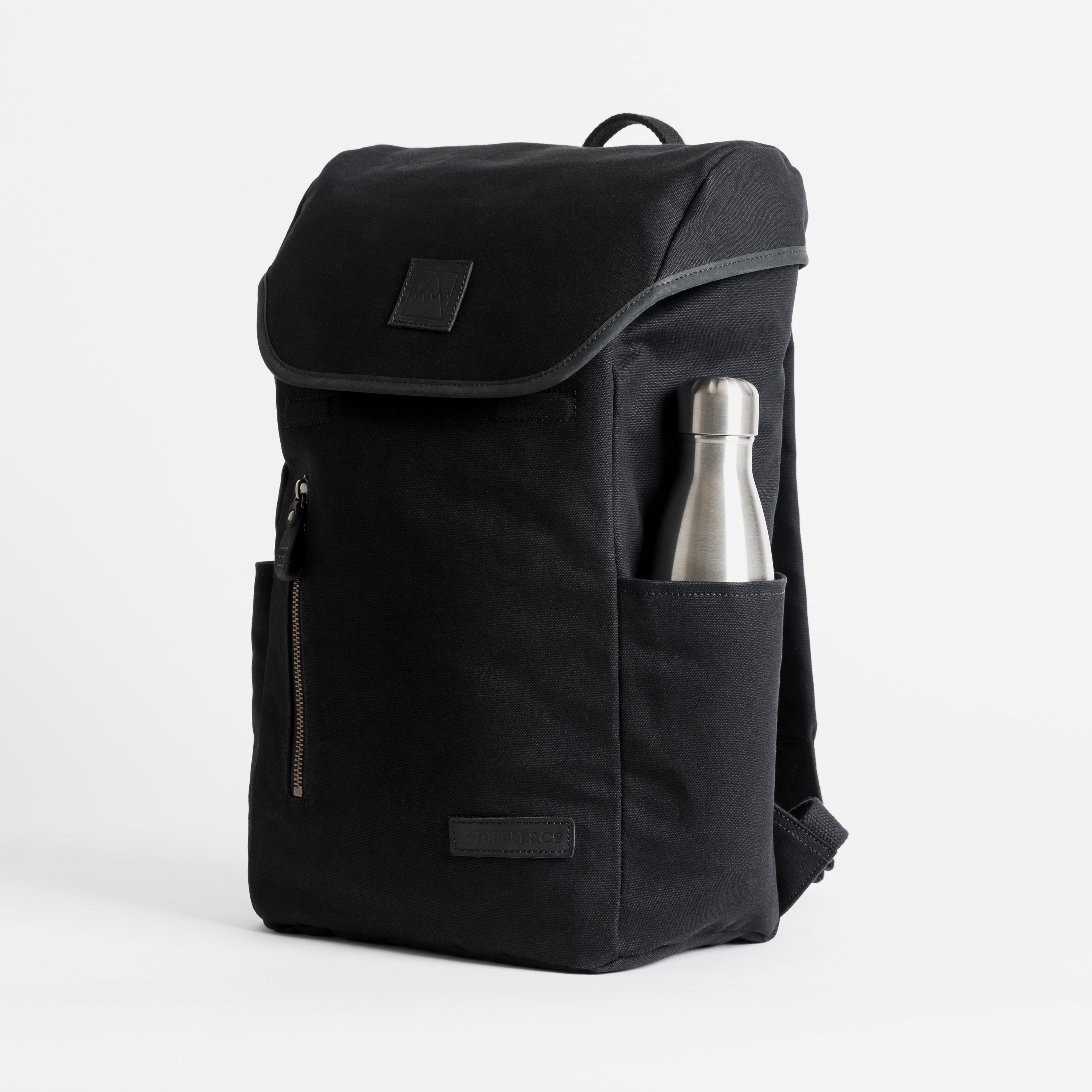The Backpack. Premium Waterproofed Canvas and Leather. 15" Laptop Pocket., Black