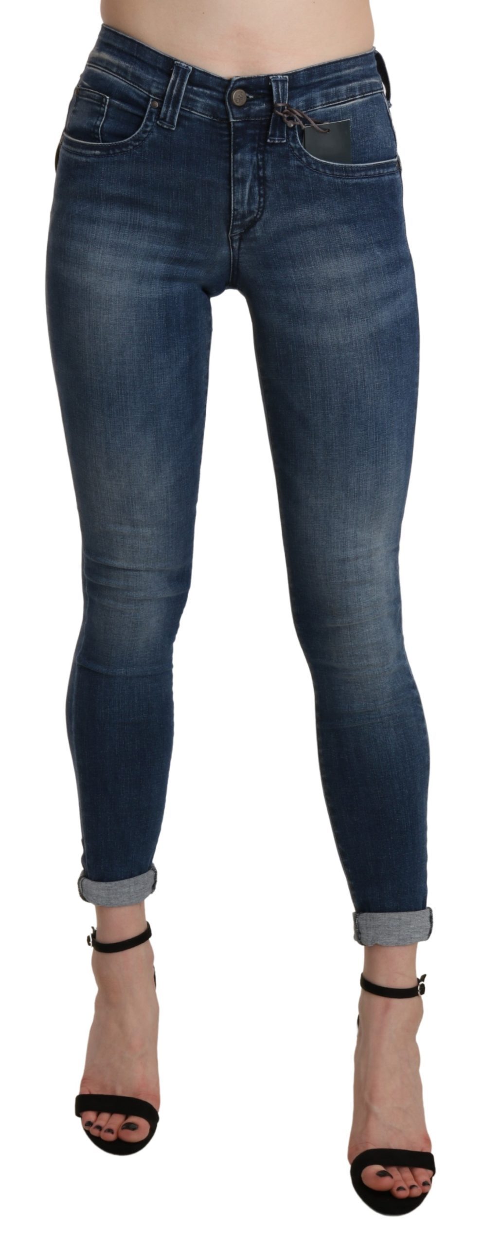 Blue Washed High Waist Skinny Cropped Cotton Jeans - W28