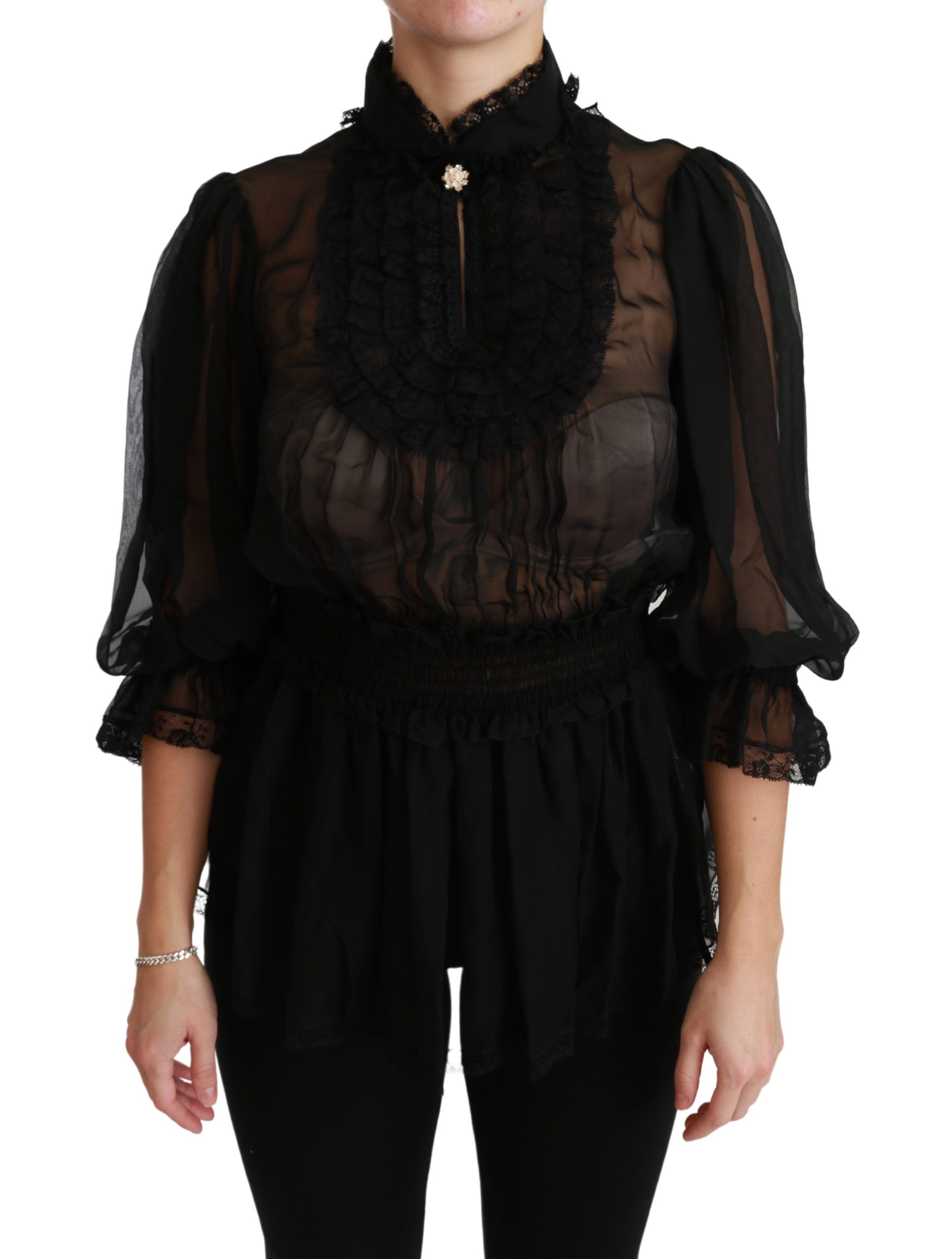 Black Lace Sheer Blouse Shirt Silk Top - IT40|S