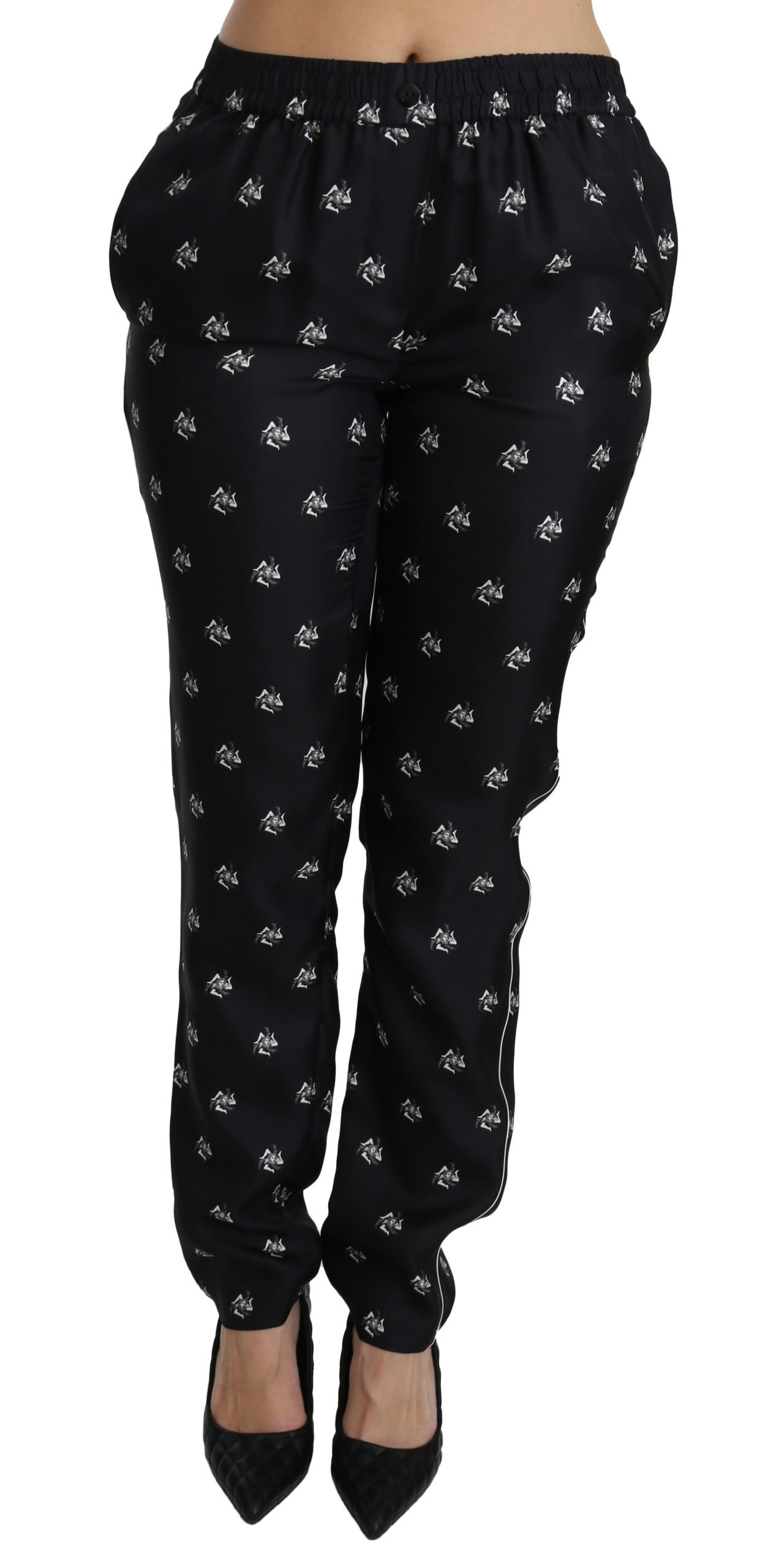 Dolce & Gabbana Women's Printed Mid Waist Skinny Silk Trouser Black PAN70866 - IT42|M