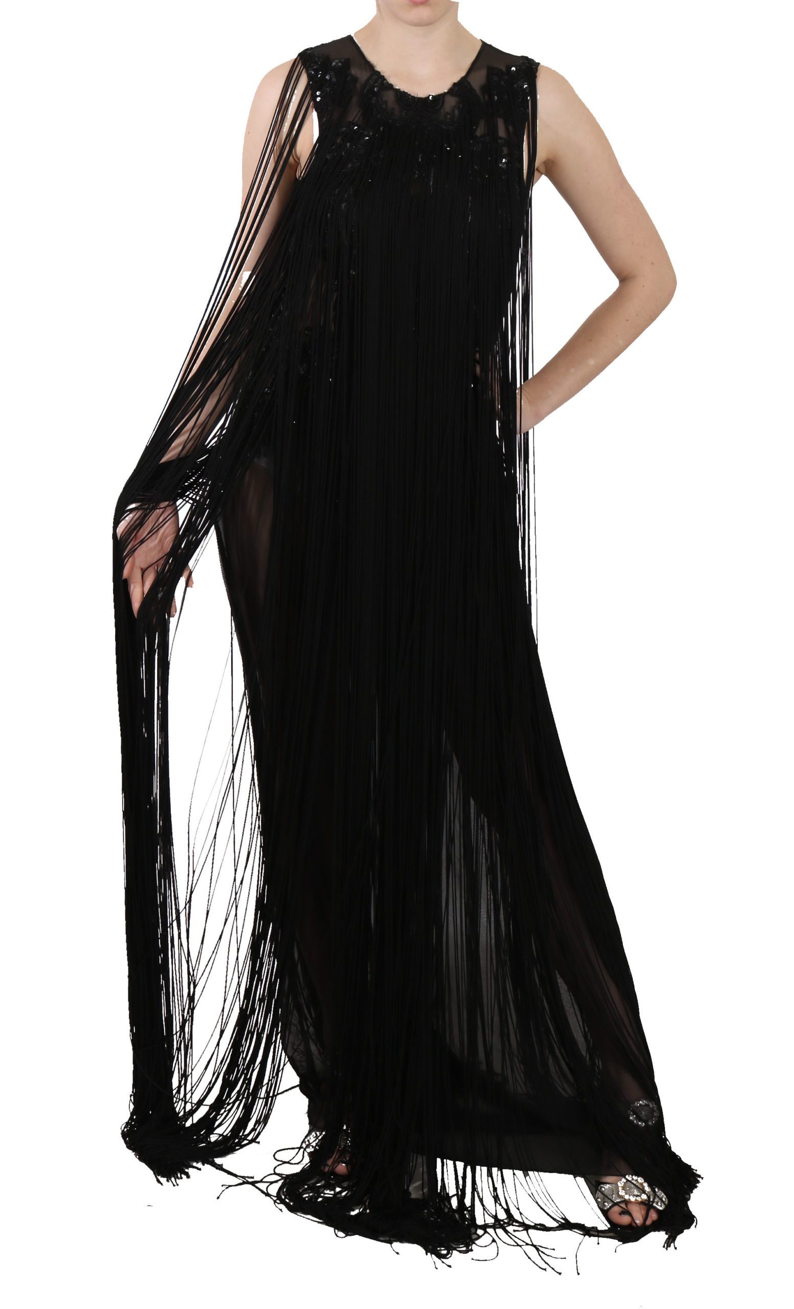 John Richmond Women's Silk Beaded Sequined Sheer Dress Black DR1682 - IT42|M