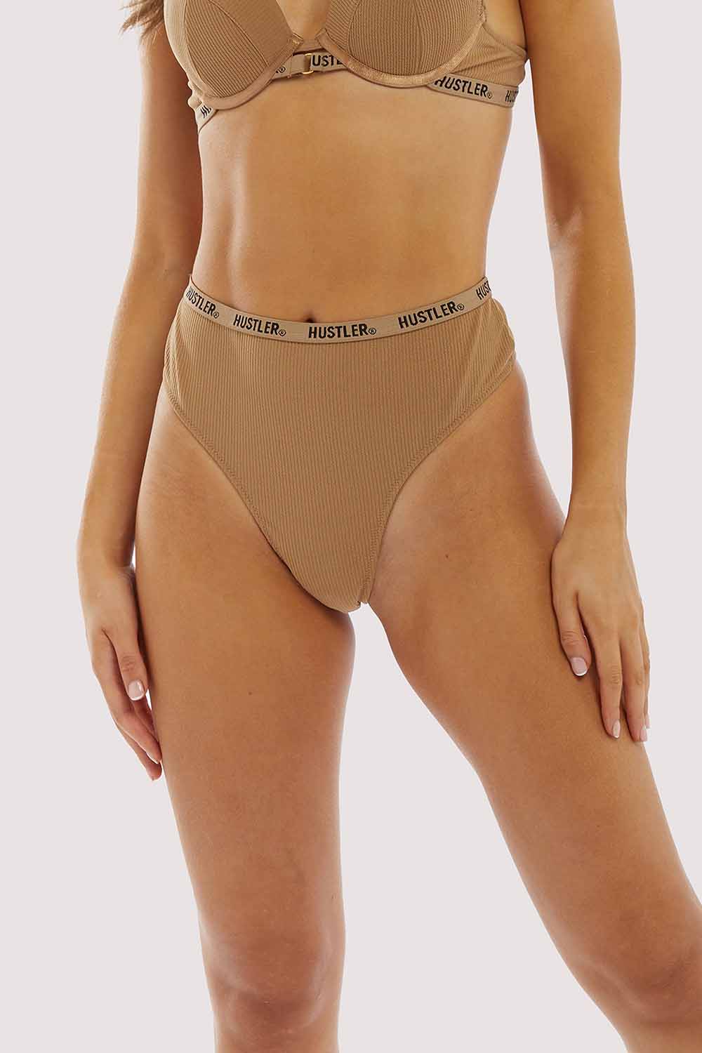 Hustler Branded Ribbed Caramel High Waist Thong Caramel UK 10 / US 6