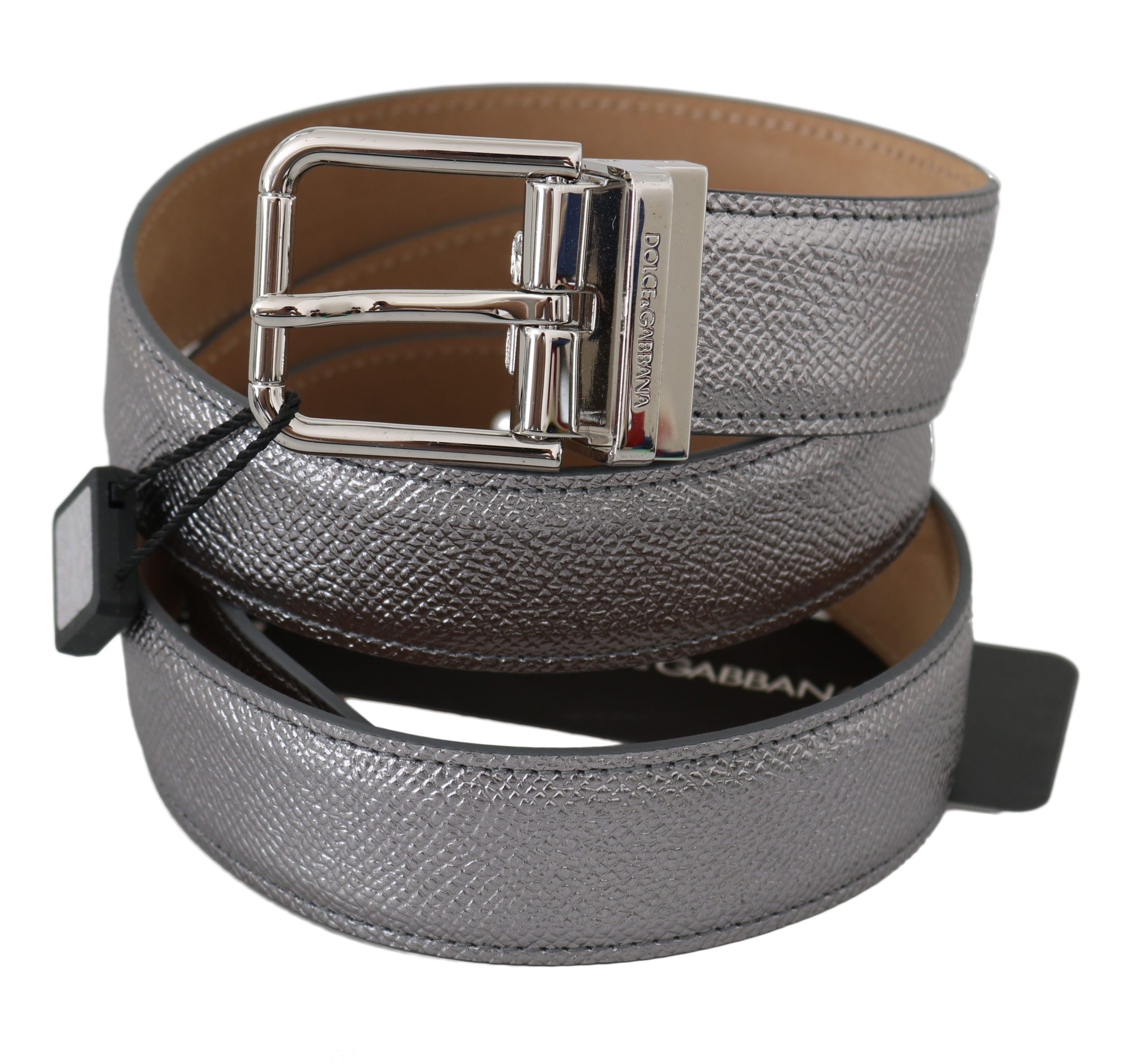 Dolce & Gabbana Men's Leather Shiny Metal Buckle Belt Silver BEL60358 - 80 cm / 32 Inches