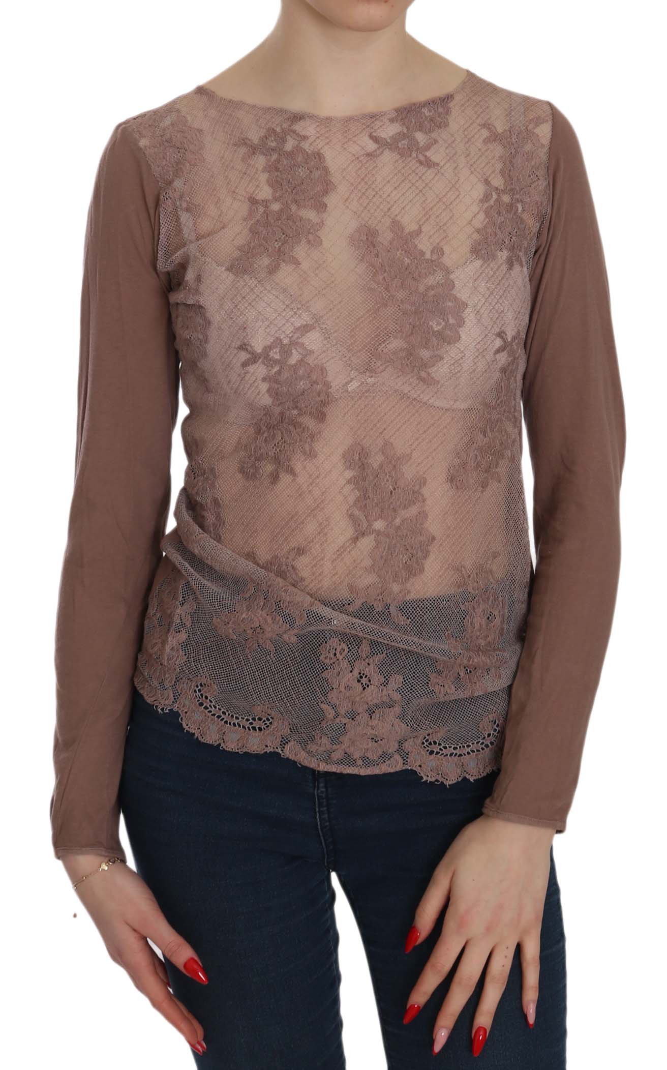 PINK MEMORIES Women's Lace See Through LS Top Brown TSH3912 - IT42|M