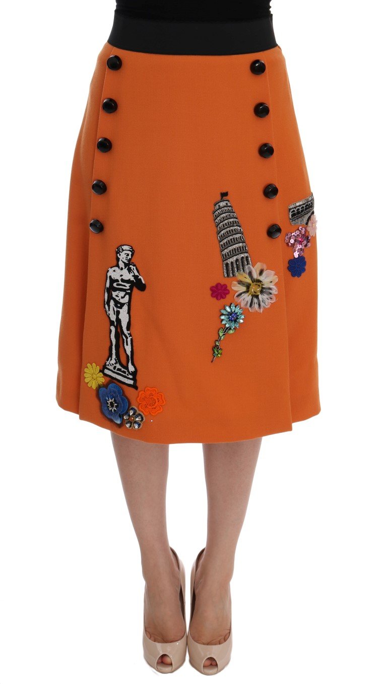 Dolce & Gabbana Women's Wool Crystal Sequin Appliques Skirt Orange SKI1009 - IT44|L