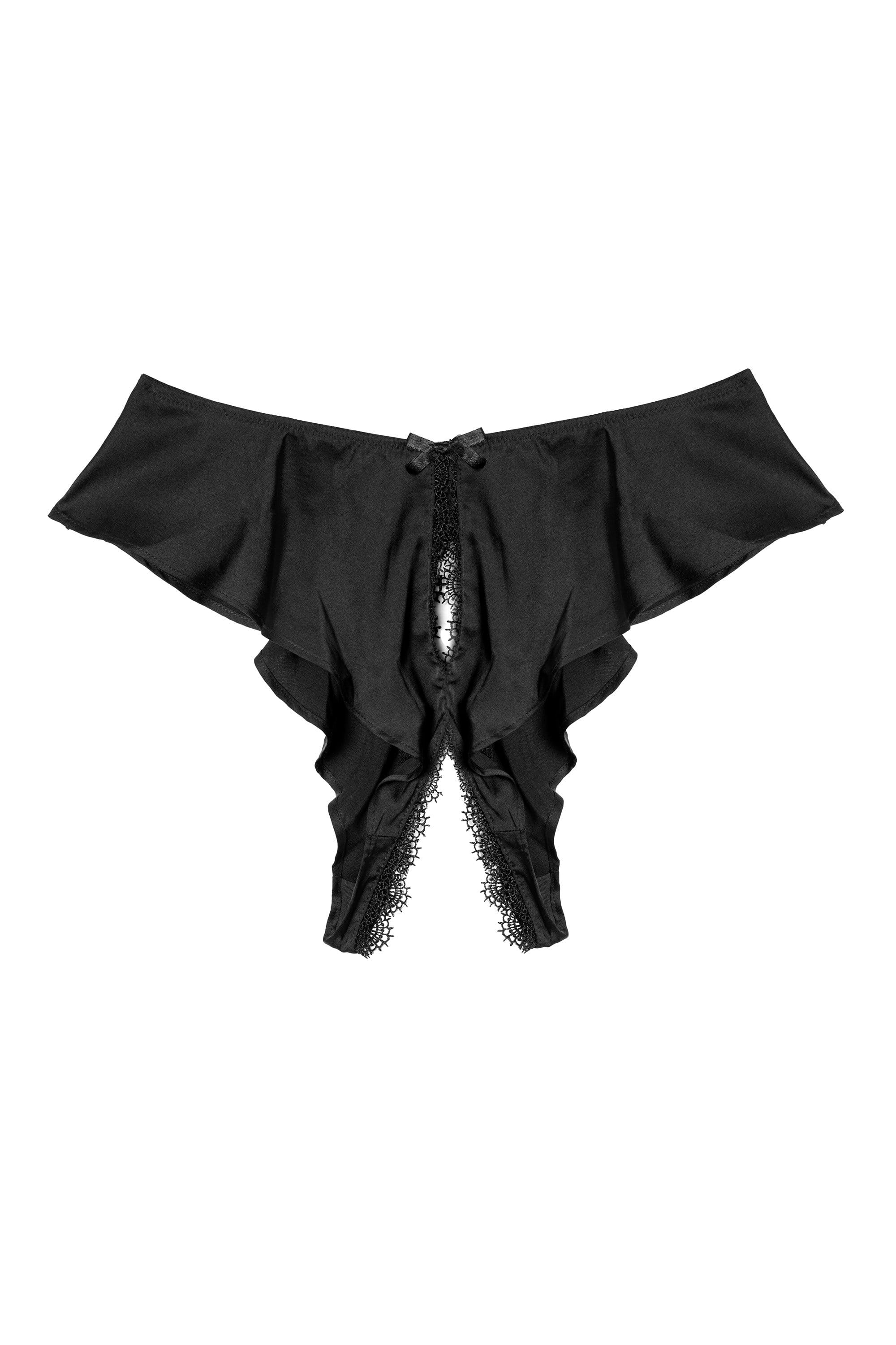 Playful Promises Black Satin And Lace Trim Ouvert Brief UK 10 / US 6