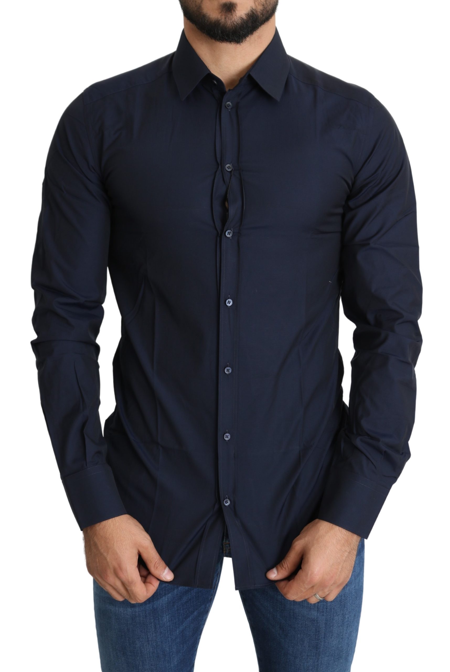 Navy Blue Dress Formal Slim Cotton Shirt - IT39 | S