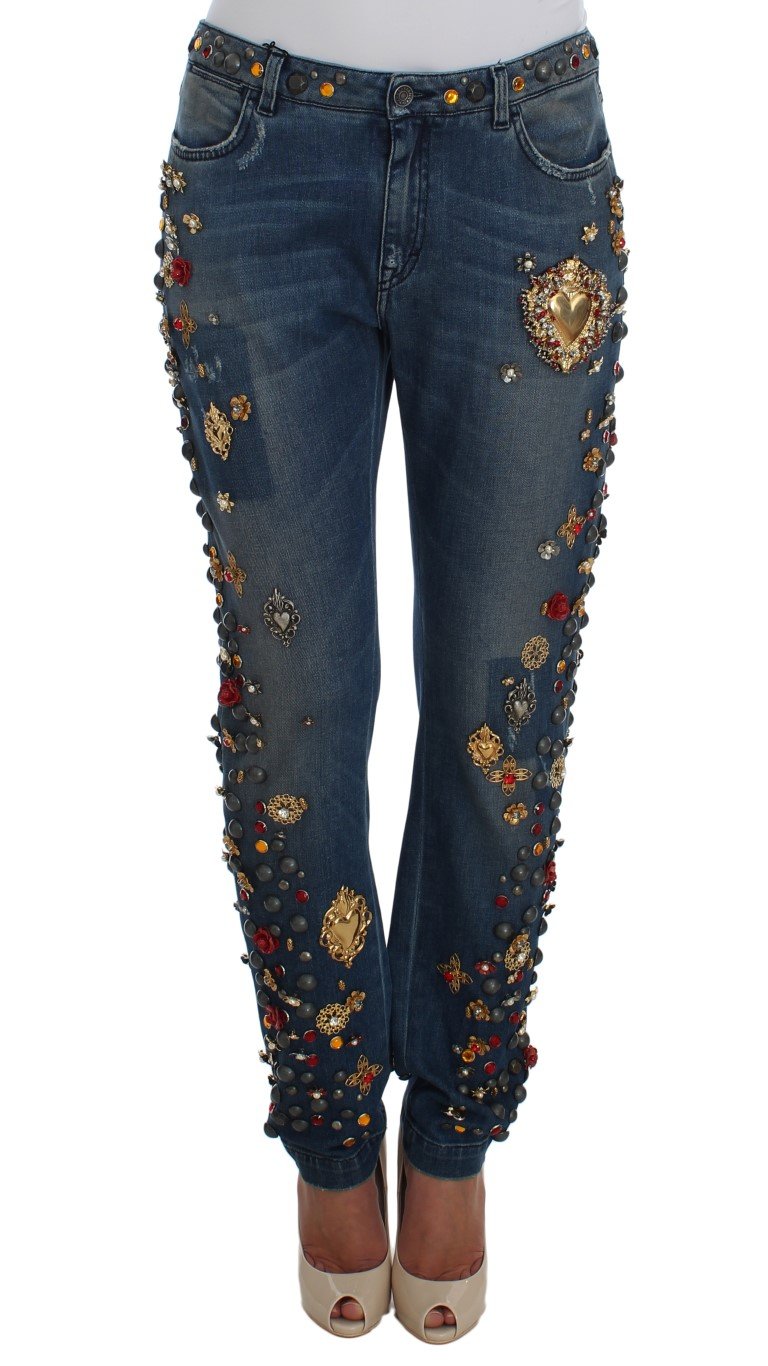 Dolce & Gabbana Women's Crystal Roses Heart Embellished Jeans Blue SIG19329 - IT46|XL