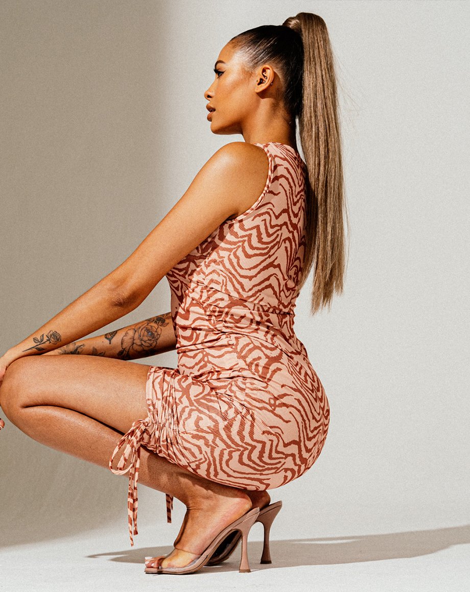 Zebra Sleeveless Ribbed Ruched Dress - Nude / 6