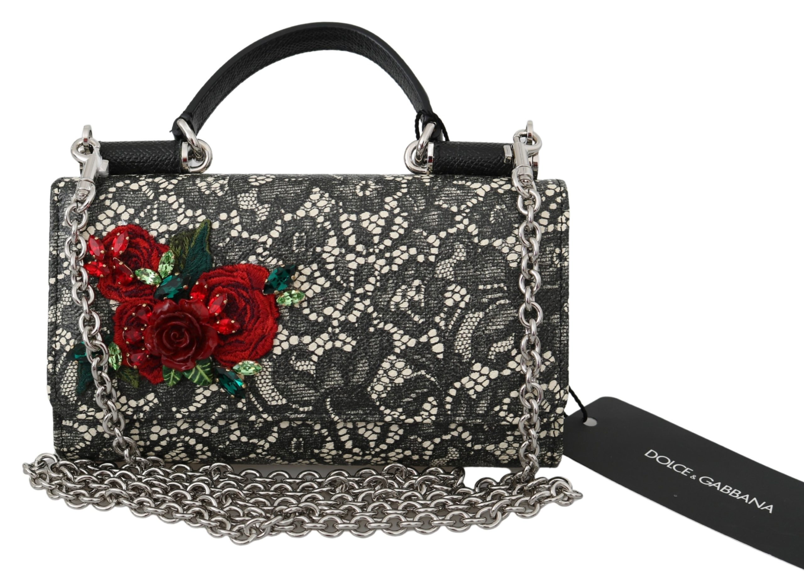 Dolce & Gabbana Women's Leather Crystal Roses Shoulder Bag Black VAS9930