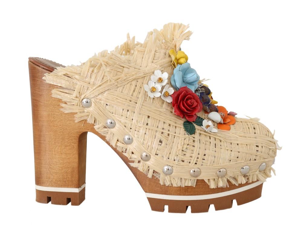 Dolce & Gabbana Women's Raffia Mules Floral Beige LA4871-1 - EU39/US8.5