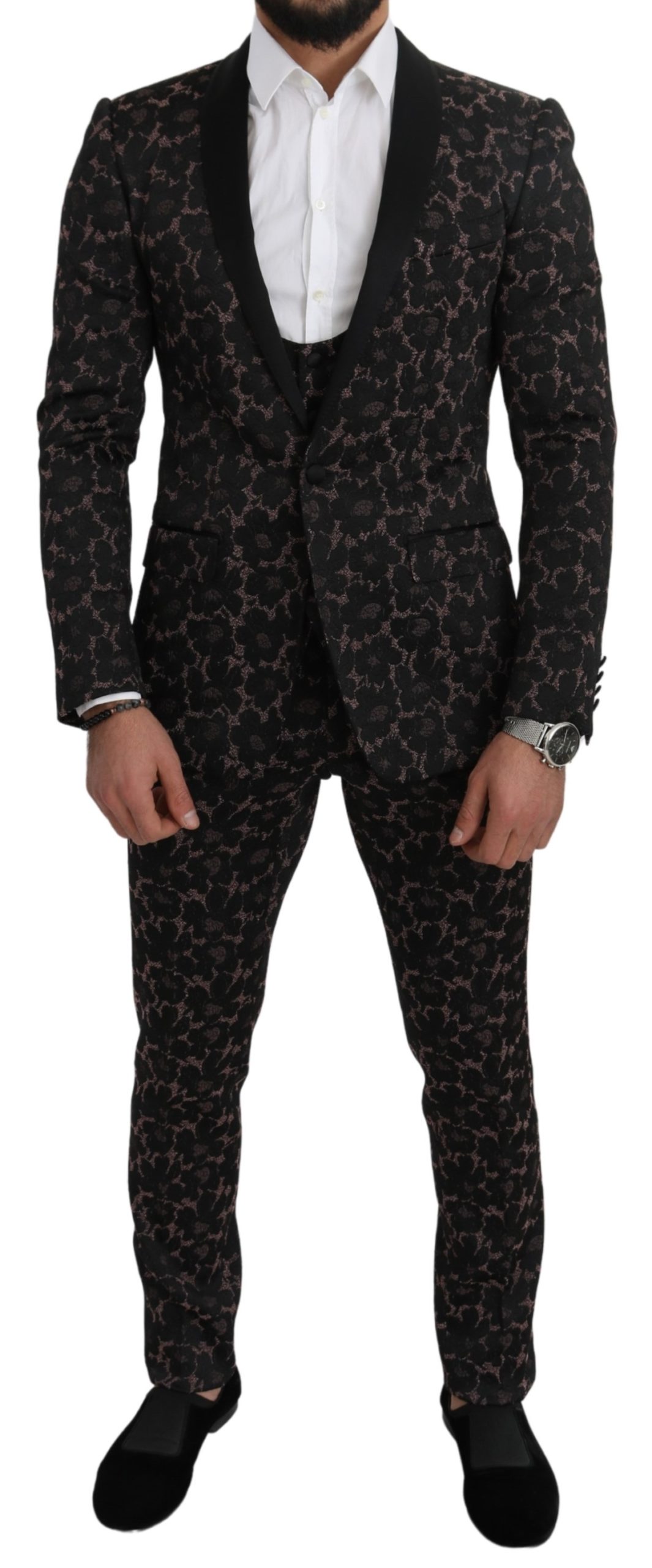 Dolce & Gabbana Men's Floral Shawl 3 Pieces Shiny Suit Black KOS1812 - IT46 | S