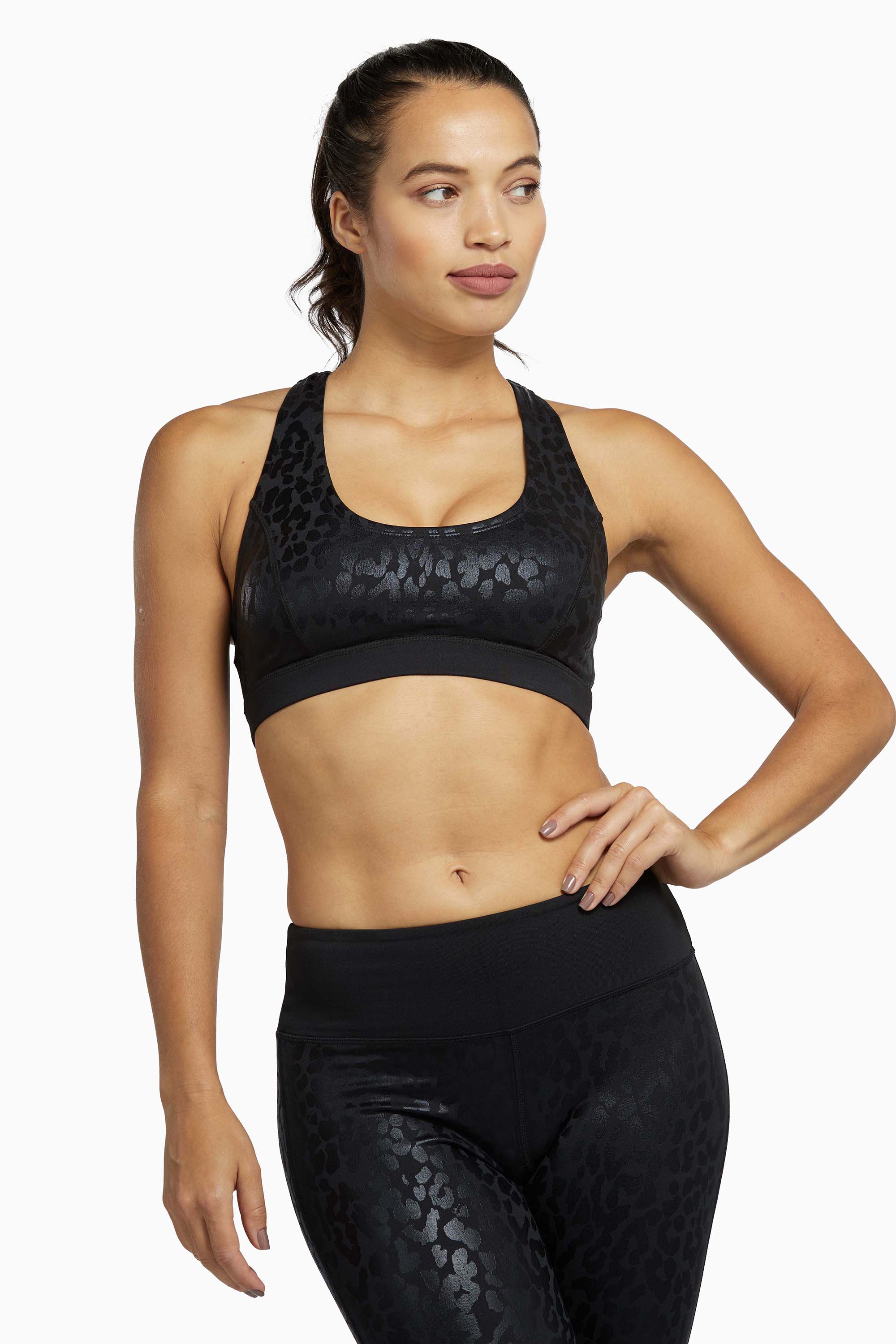 Wolf & Whistle Black Wet Leopard Look Sports Bra UK 10 / US 6