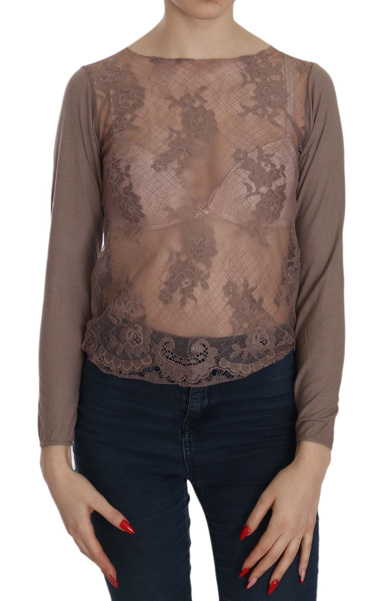 PINK MEMORIES Women's Lace See Through LS Top Brown TSH3913 - IT40|S