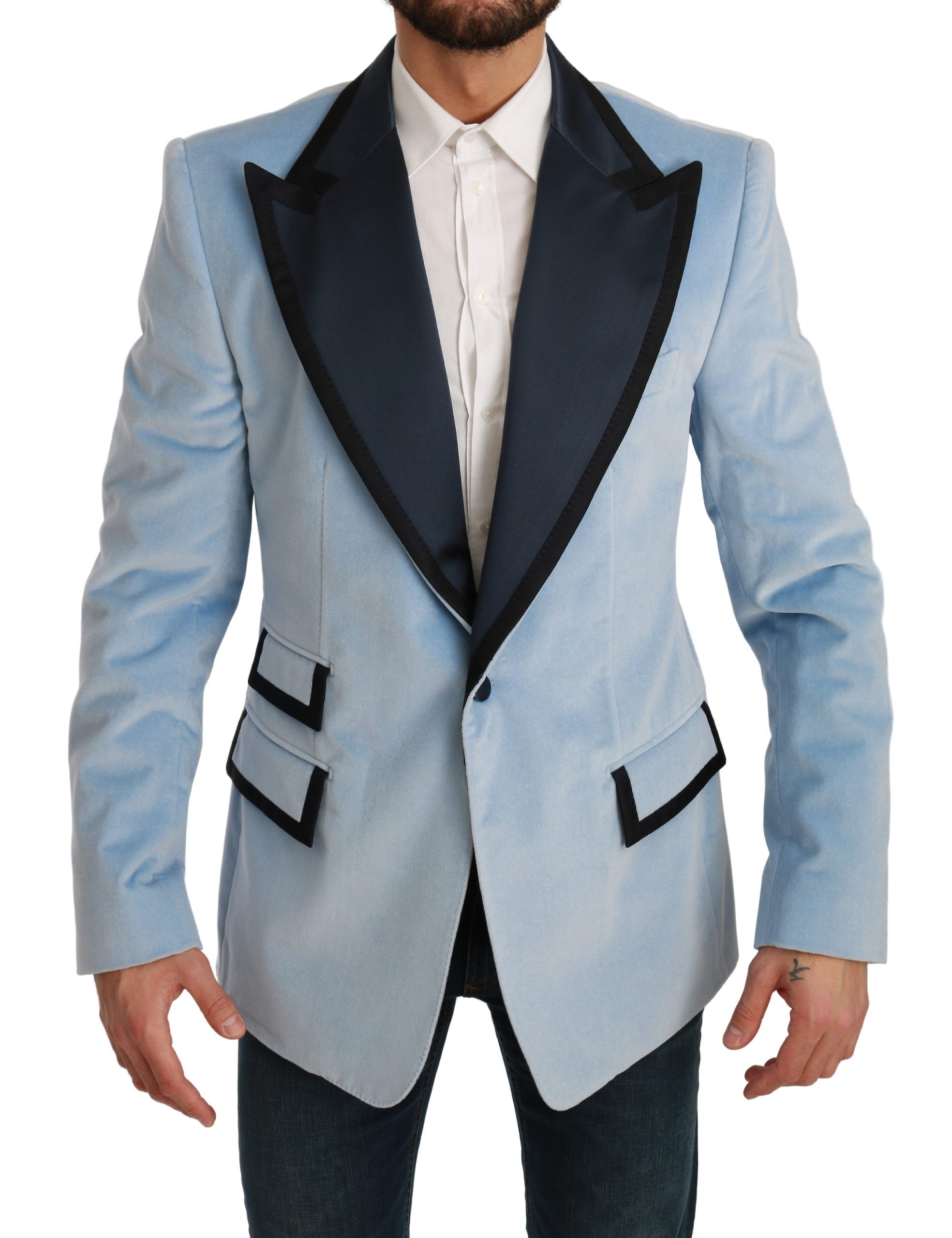 Dolce & Gabbana Men's Slim Fit Jacket Velvet Blazer Light Blue KOS1706 - IT54 | XL