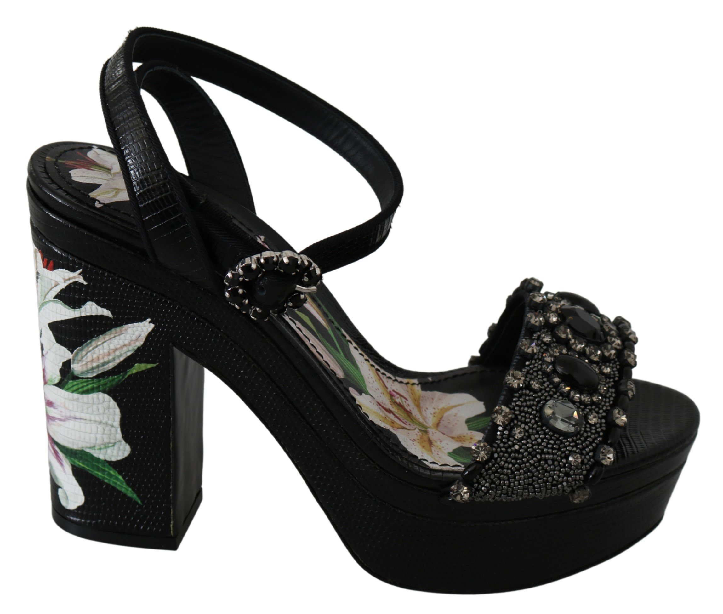 Dolce & Gabbana Women's Floral Crystals Ankle Strap Sandals Black LA7233 - EU39/US8.5