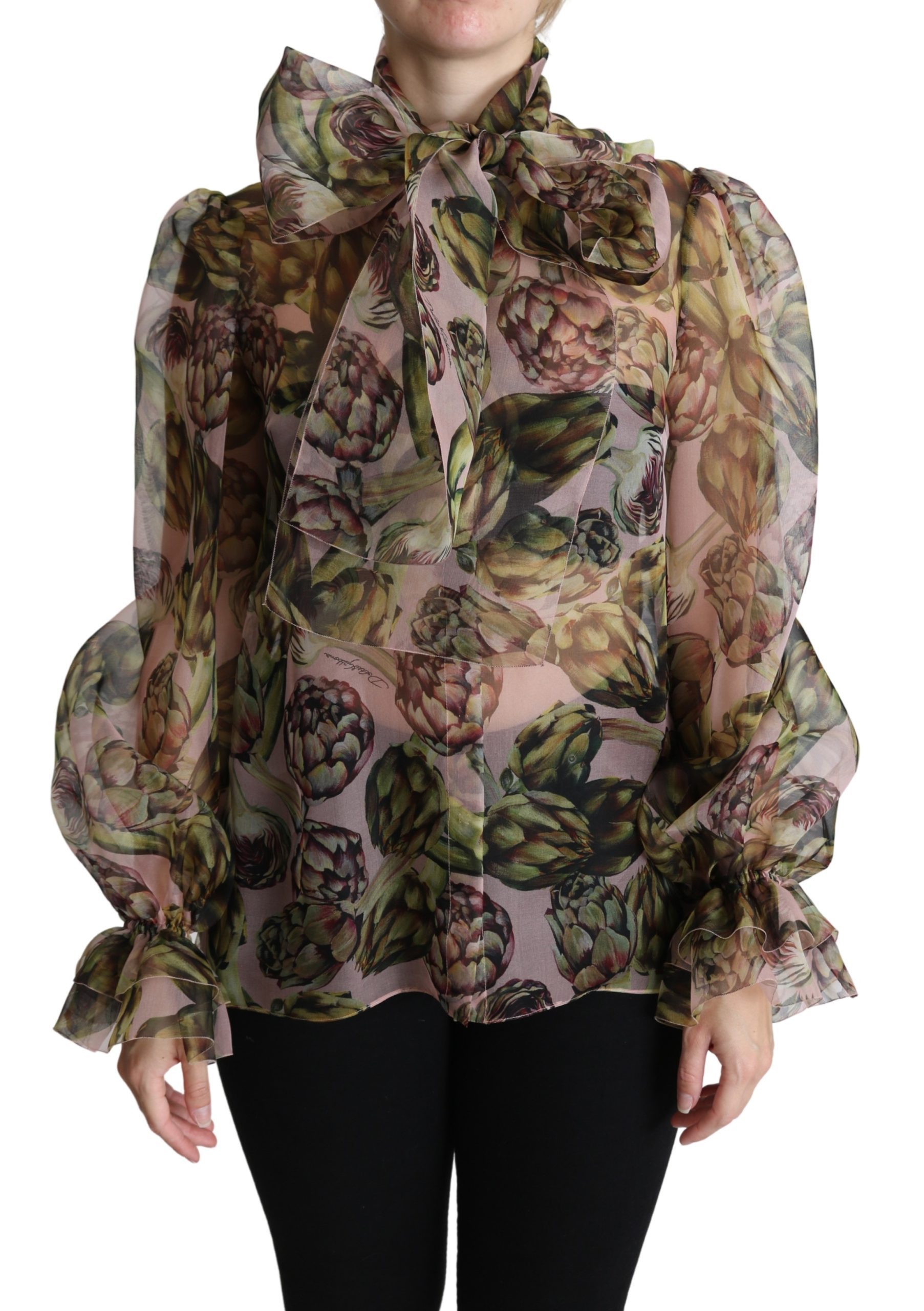Multicolor Chiffon Artichoke Print Silk Pussy Bow Blouse - IT40|S