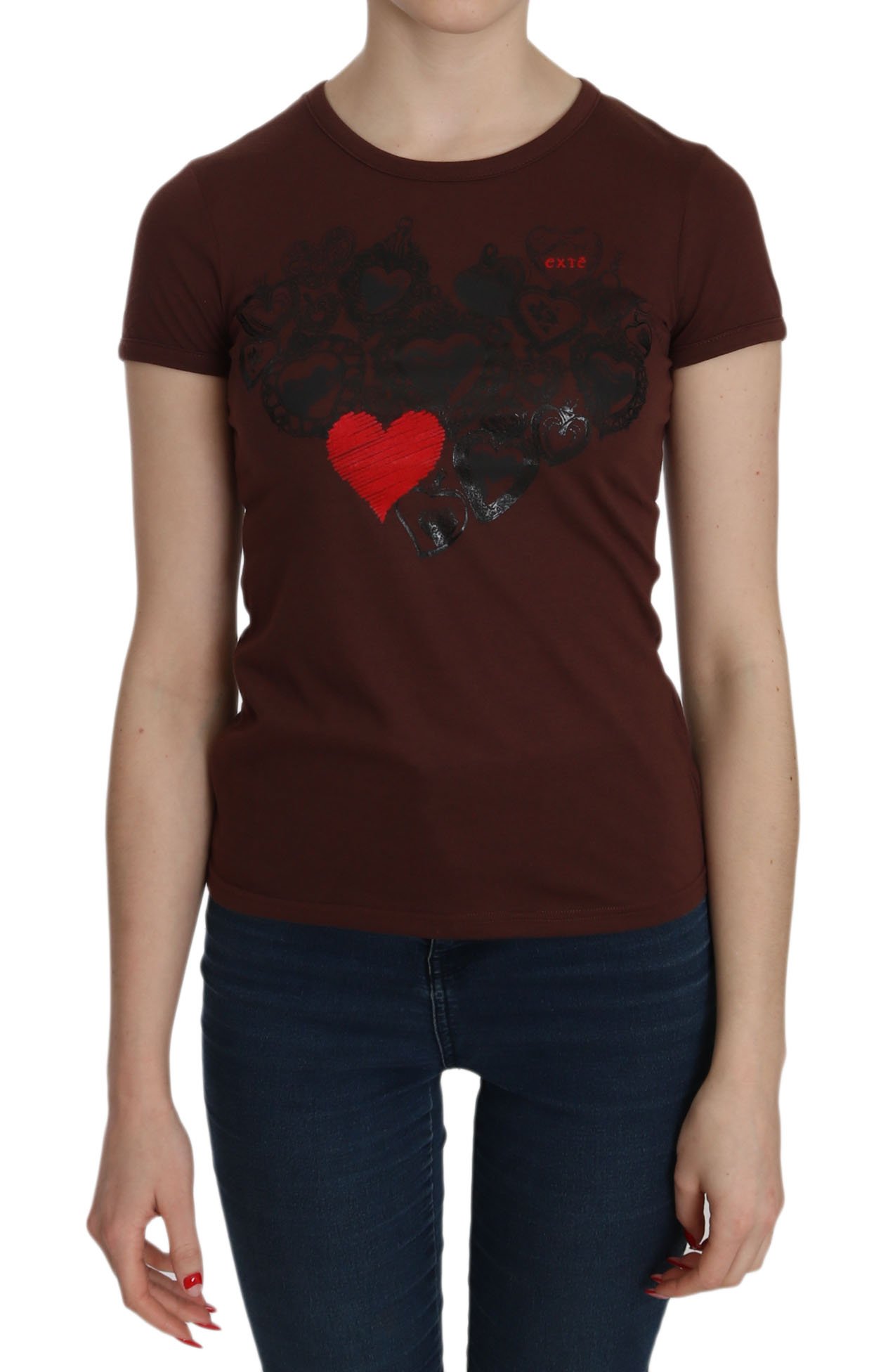 Exte Women's Heart Print Crew Neck T-shirt SS Top Brown TSH3716 - IT42|M