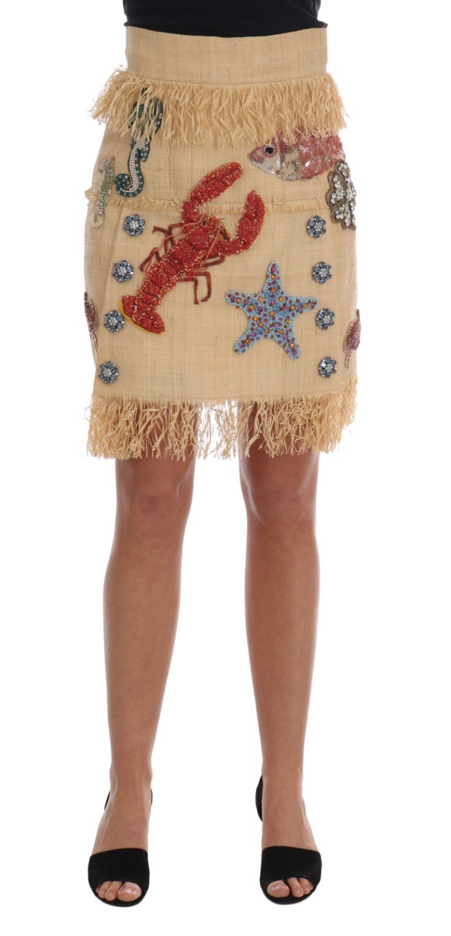 Dolce & Gabbana Women's Crystal Palm Fiber Skirt Beige SKI1137 - IT36 | XS