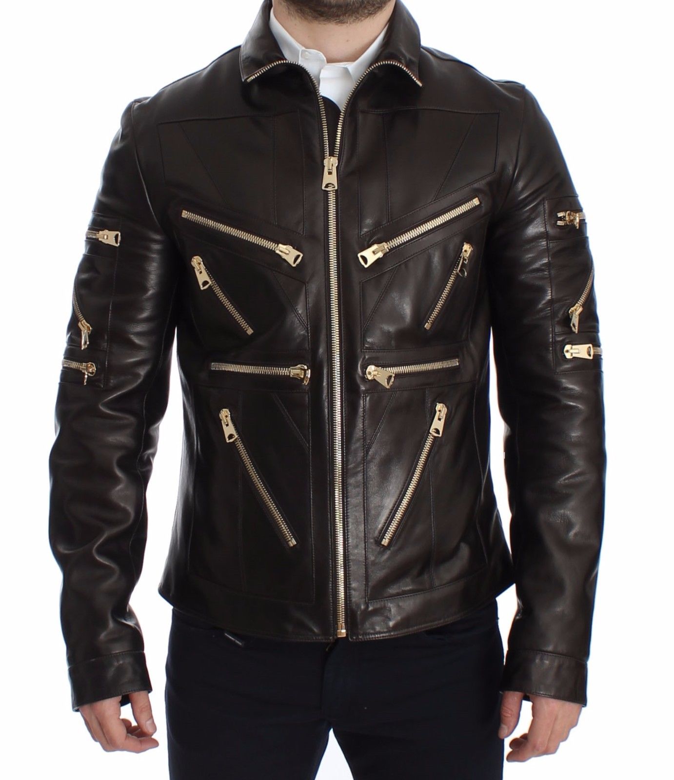 Dolce & Gabbana Men's Lambskin Leather Zipper Jacket Brown SIG14073 - IT48 | M