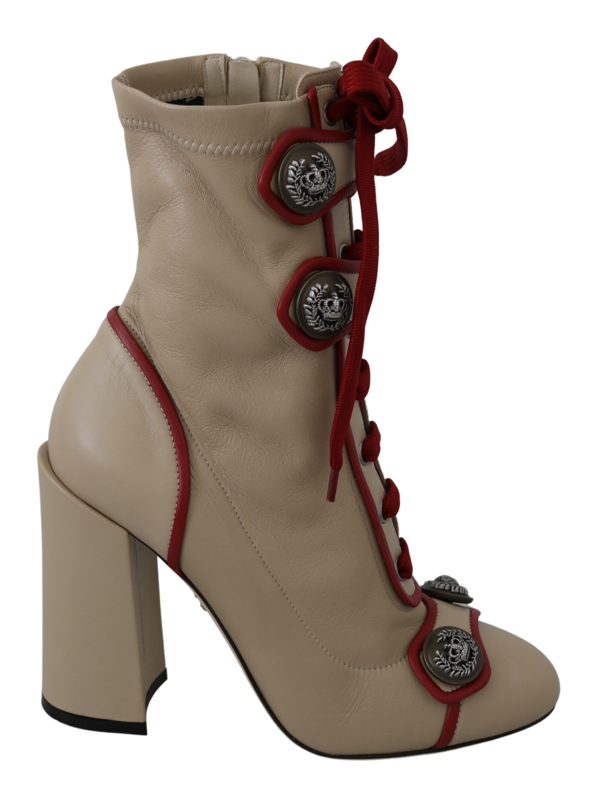 Beige Red Leather Ankle High Boots Shoes - EU39/US8.5