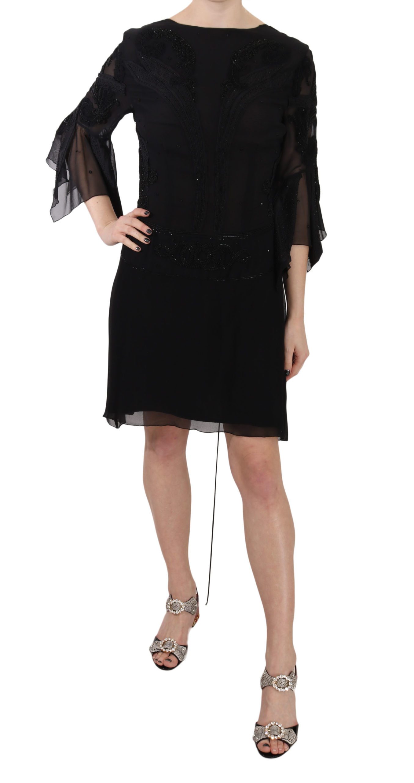 John Richmond Women's Sequined Silk Mini Shift Gown Dress Black DR1672 - IT44|L