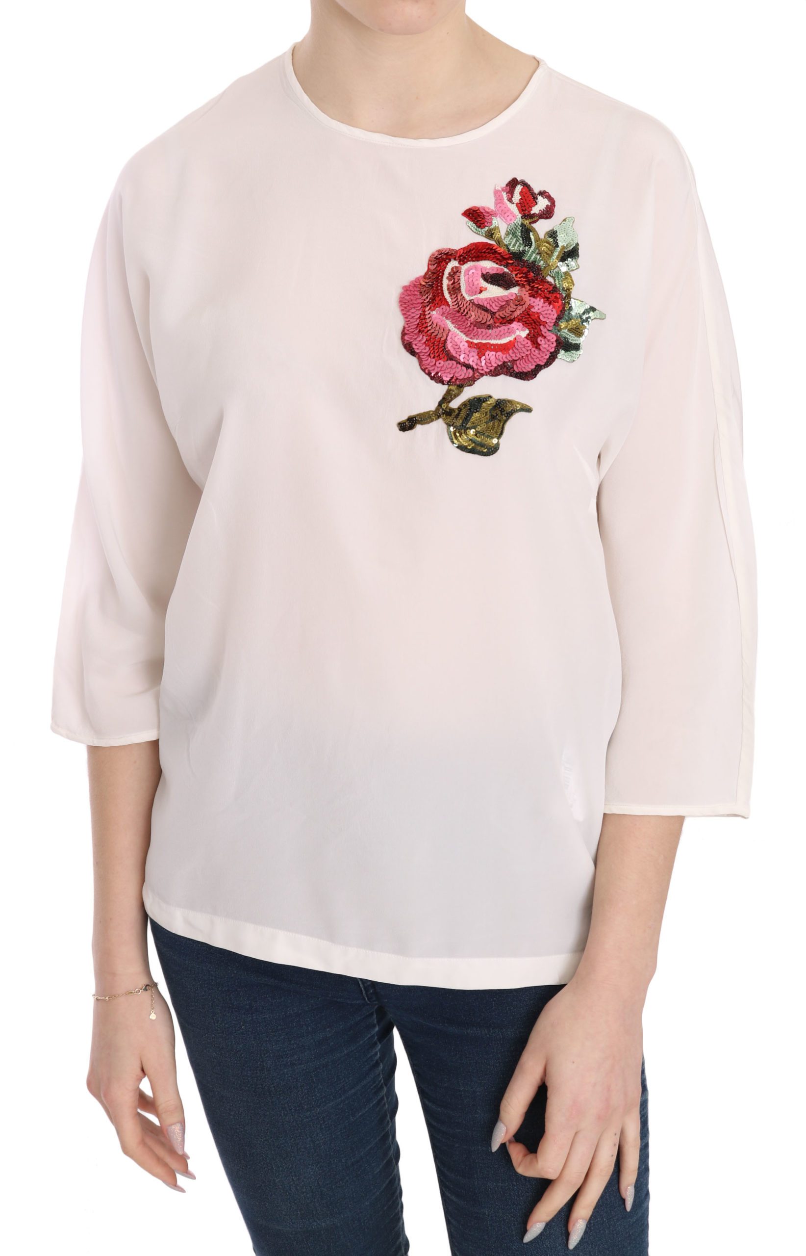 Dolce & Gabbana Women's Sequined Floral Top White TSH3653 - IT38|XS