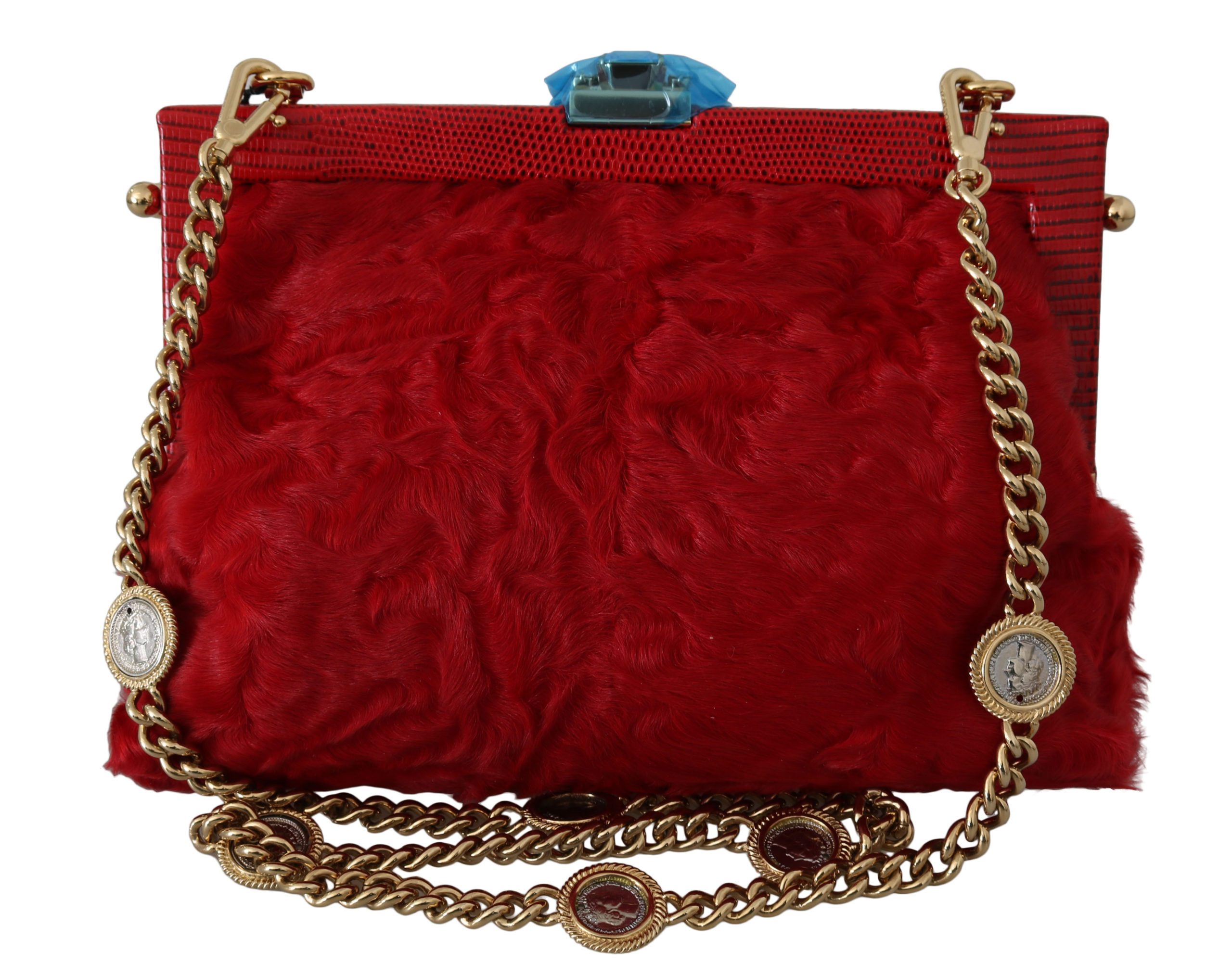 Dolce & Gabbana Women's Fur Brocade Crystal Shoulder Bag Red VAS8669