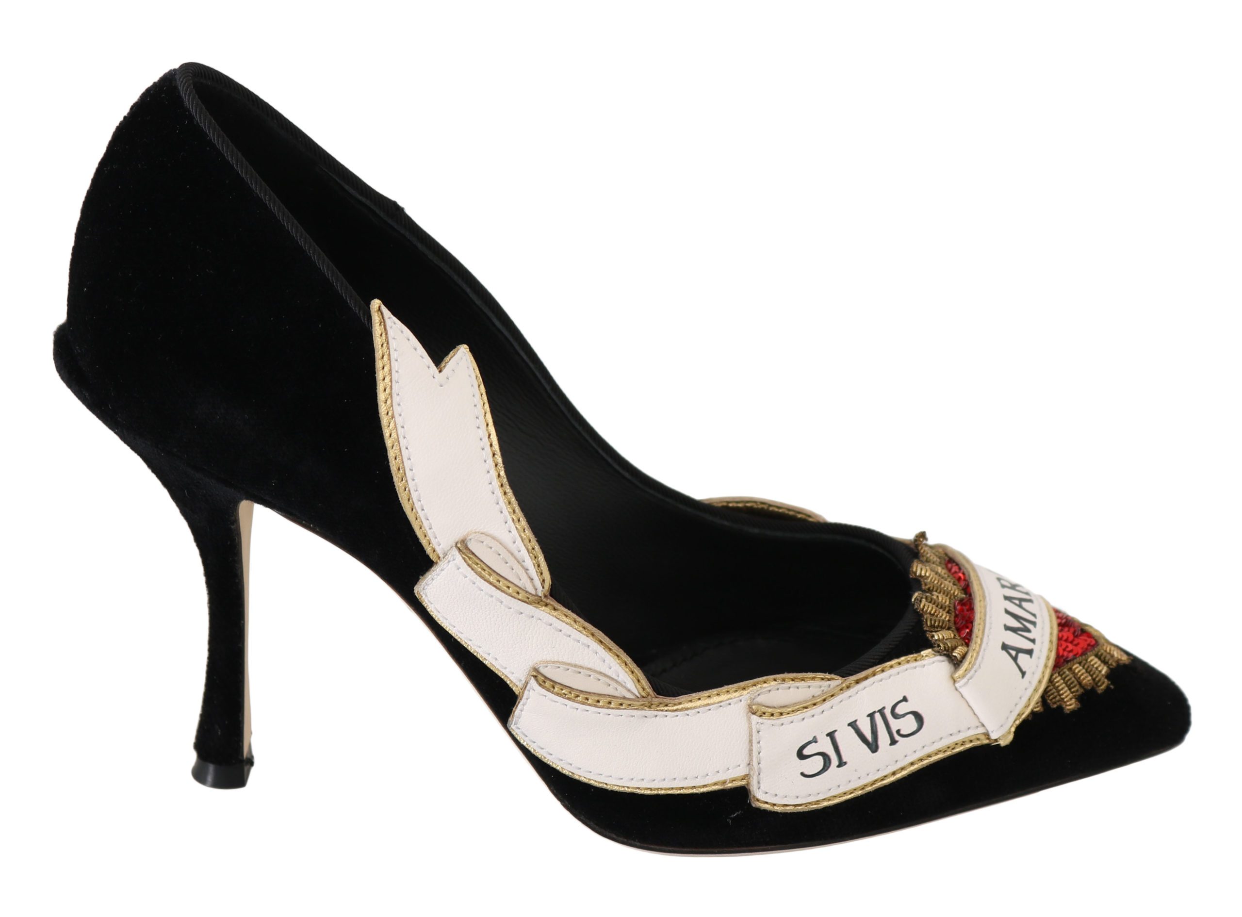 Black Velvet Leather Red Heart Heels Shoes - EU35/US4.5