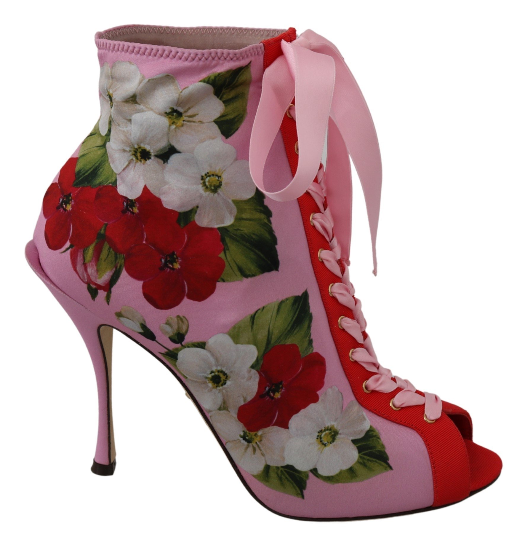 Pink Floral Jersey Stretch Open Toe Boots Shoes - EU39/US8.5