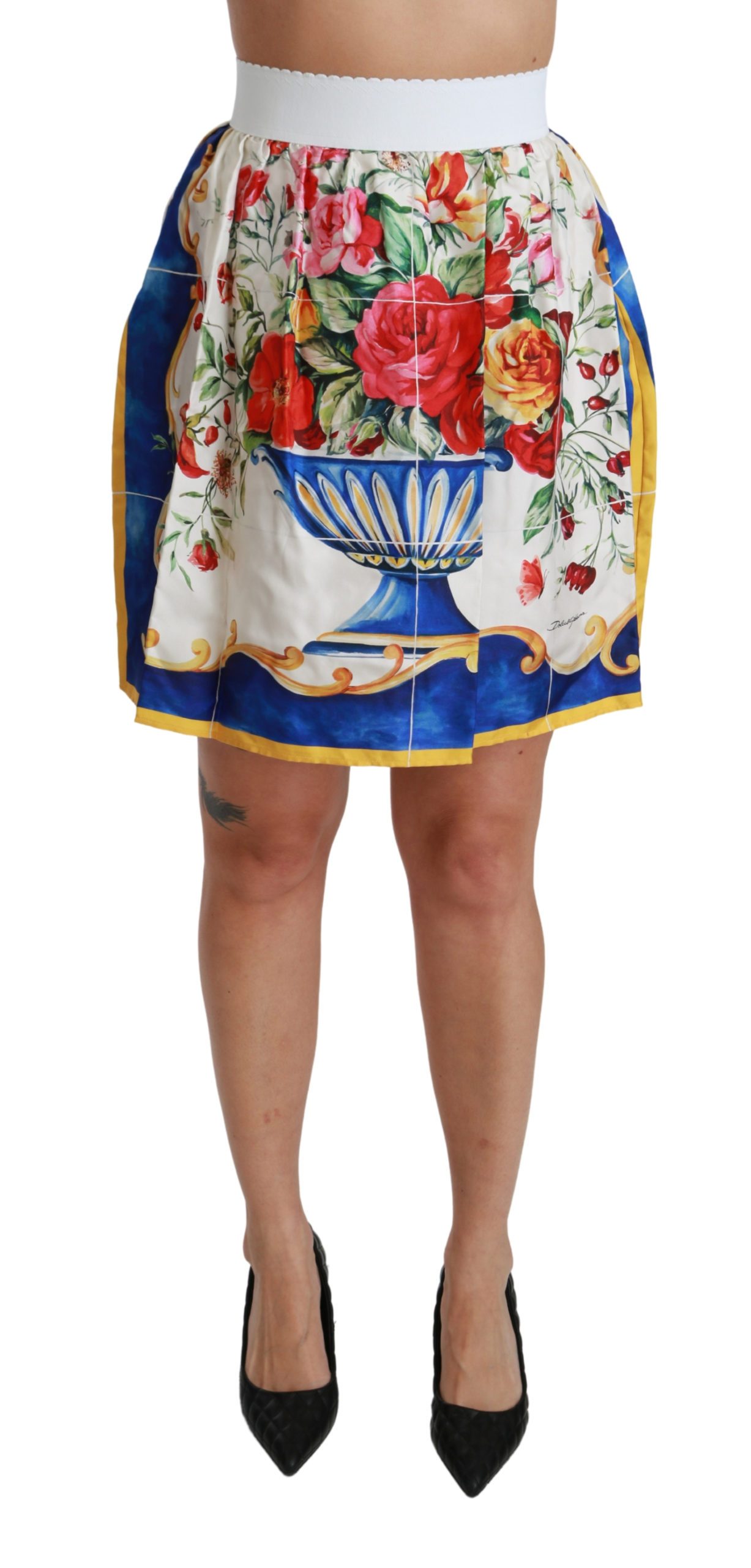 Dolce & Gabbana Women's Flower Vase High Waist Mini Skirt White SKI1409 - IT36 | XS