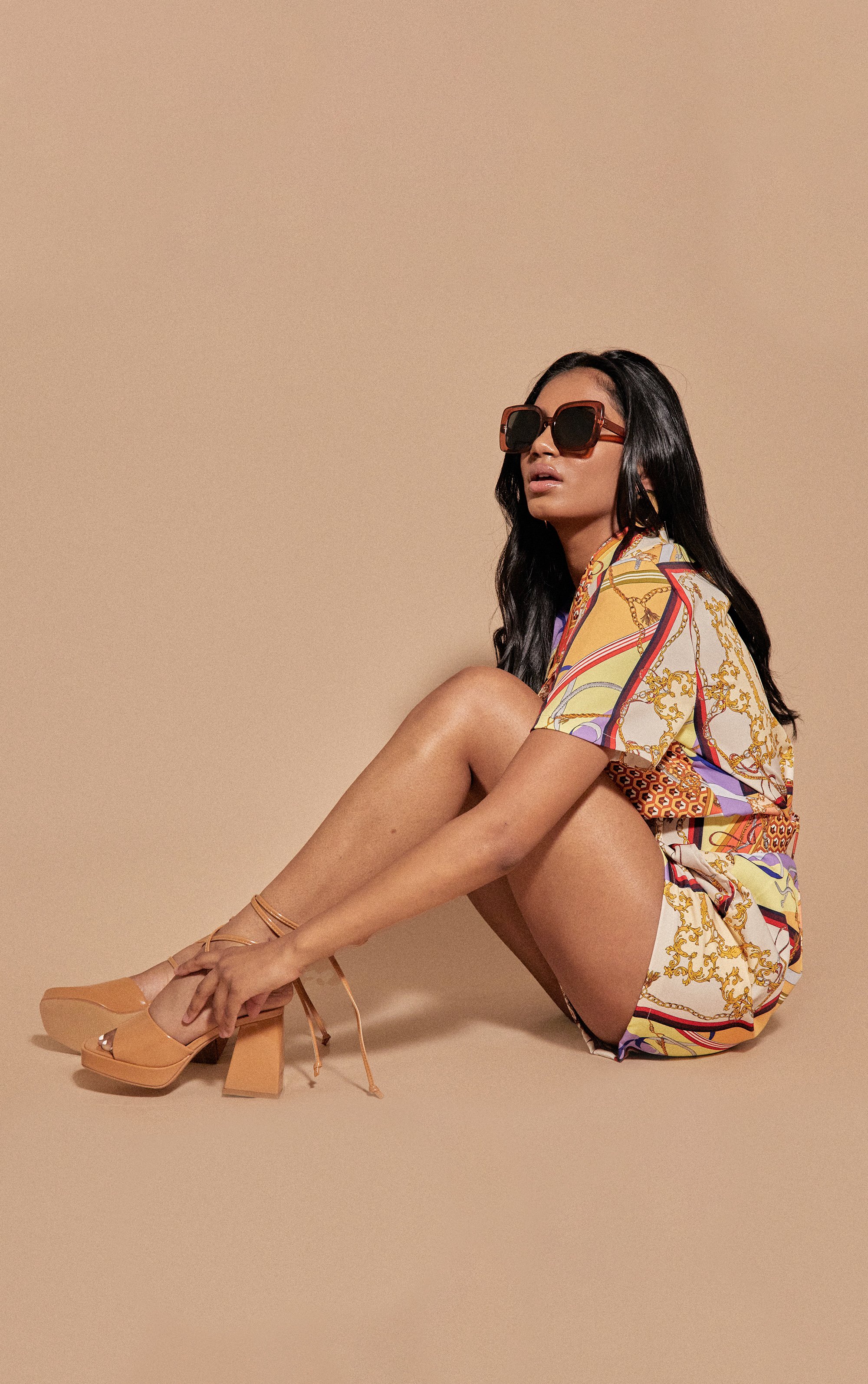 Chain Printed Button Up Belted Playsuit - Yellow / 8